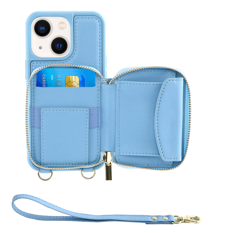 Zipper Wallet RFID Blocking Phone Case for iPhone 15 , PU Leather Coated TPU Kickstand Cover - Sky Blue