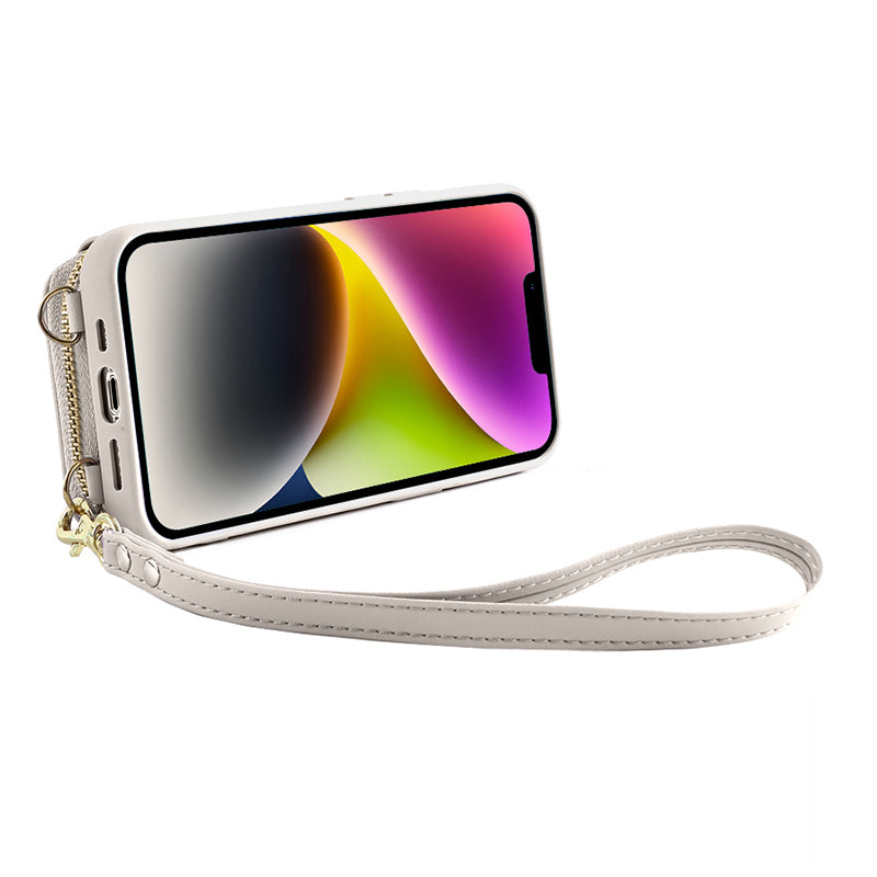 Zipper Wallet RFID Blocking Phone Case for iPhone 15 , PU Leather Coated TPU Kickstand Cover - White