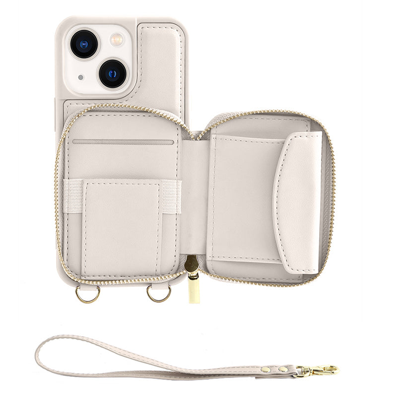 Zipper Wallet RFID Blocking Phone Case for iPhone 15 , PU Leather Coated TPU Kickstand Cover - White