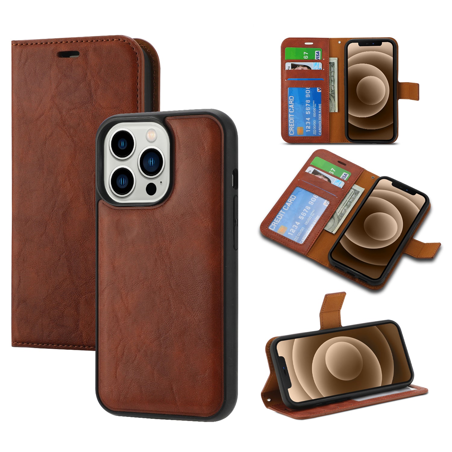 Crazy Horse Texture Wallet Stand Leather Case for iPhone 15 Detachable 2-in-1 Magnetic Absorption Phone Cover - Brown