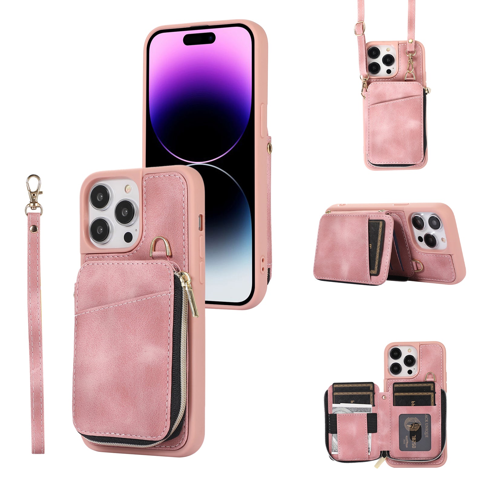 Zipper Wallet Phone Case for iPhone 15 Pro , PU Leather Coated TPU Kickstand Phone Cover - Pink