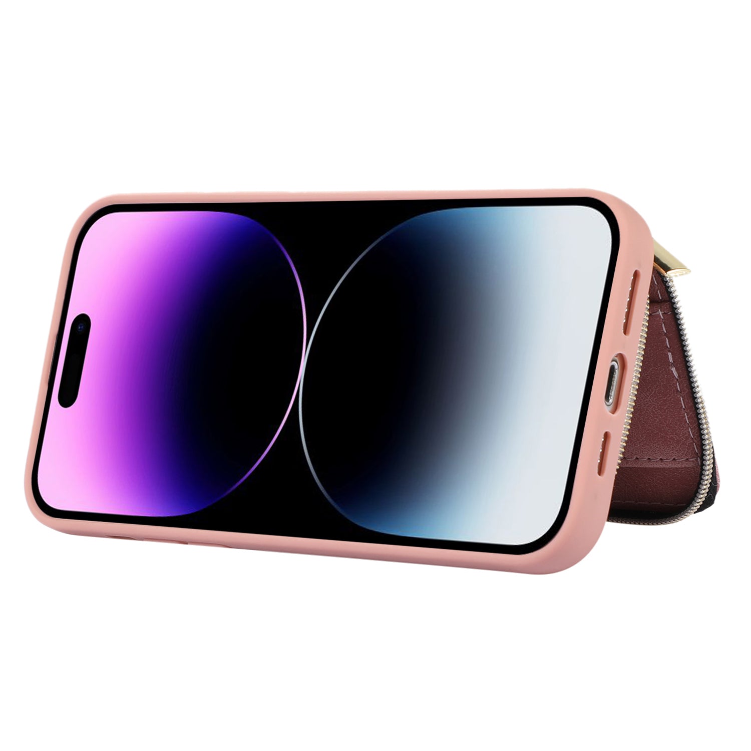 Zipper Wallet Phone Case for iPhone 15 Pro , PU Leather Coated TPU Kickstand Phone Cover - Pink