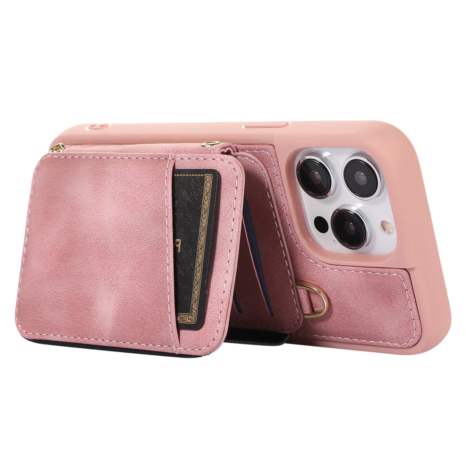 Zipper Wallet Phone Case for iPhone 15 Pro , PU Leather Coated TPU Kickstand Phone Cover - Pink