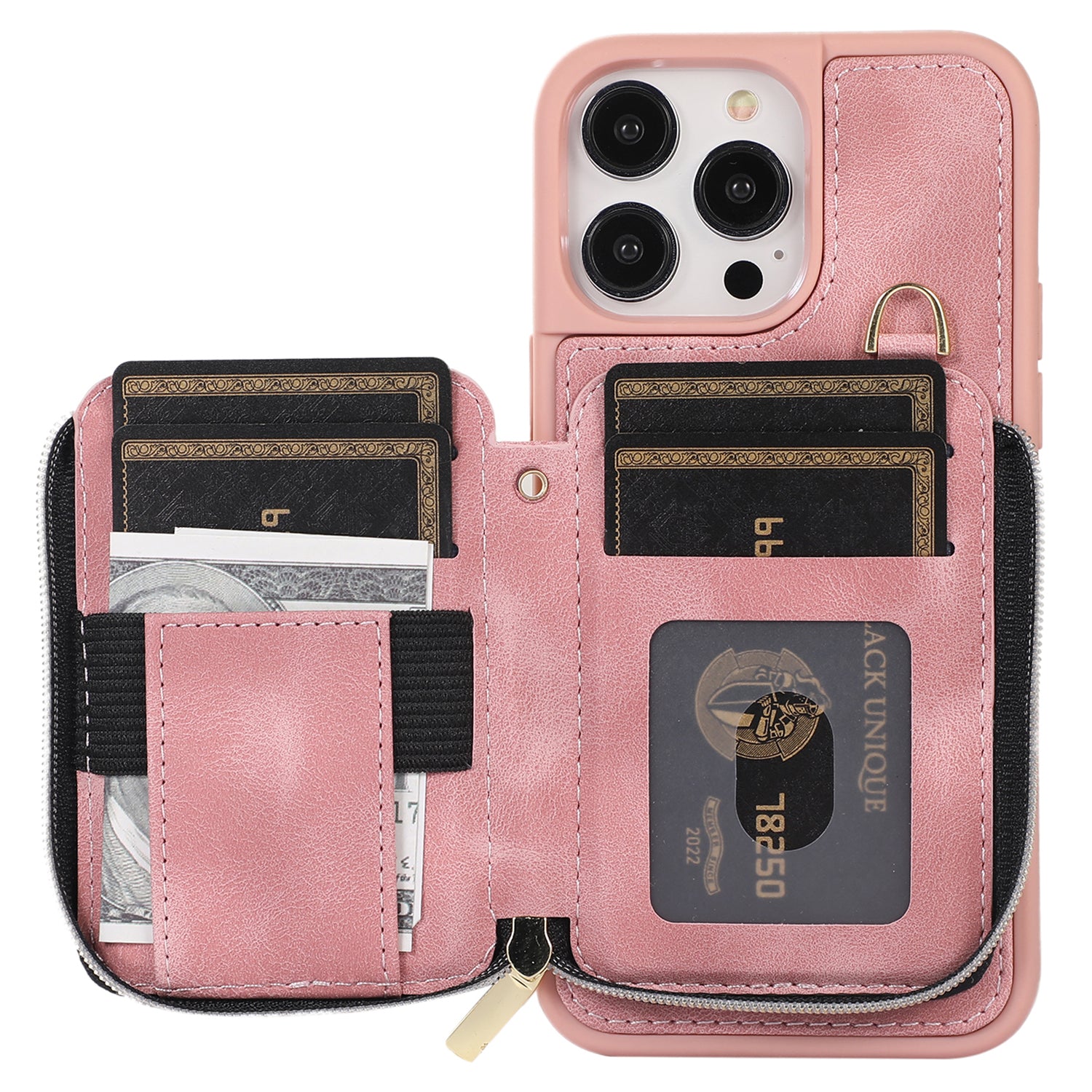 Zipper Wallet Phone Case for iPhone 15 Pro , PU Leather Coated TPU Kickstand Phone Cover - Pink