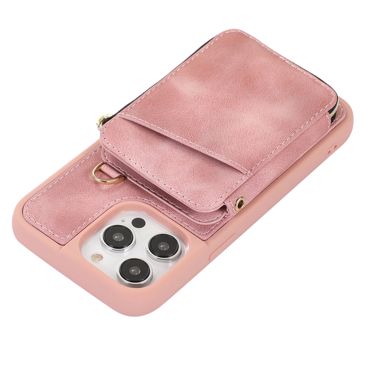 Zipper Wallet Phone Case for iPhone 15 Pro , PU Leather Coated TPU Kickstand Phone Cover - Pink