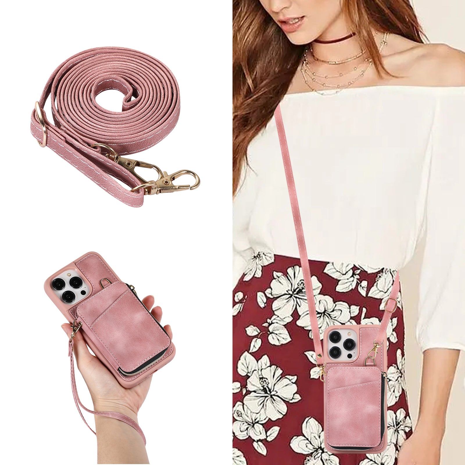 Zipper Wallet Phone Case for iPhone 15 Pro , PU Leather Coated TPU Kickstand Phone Cover - Pink