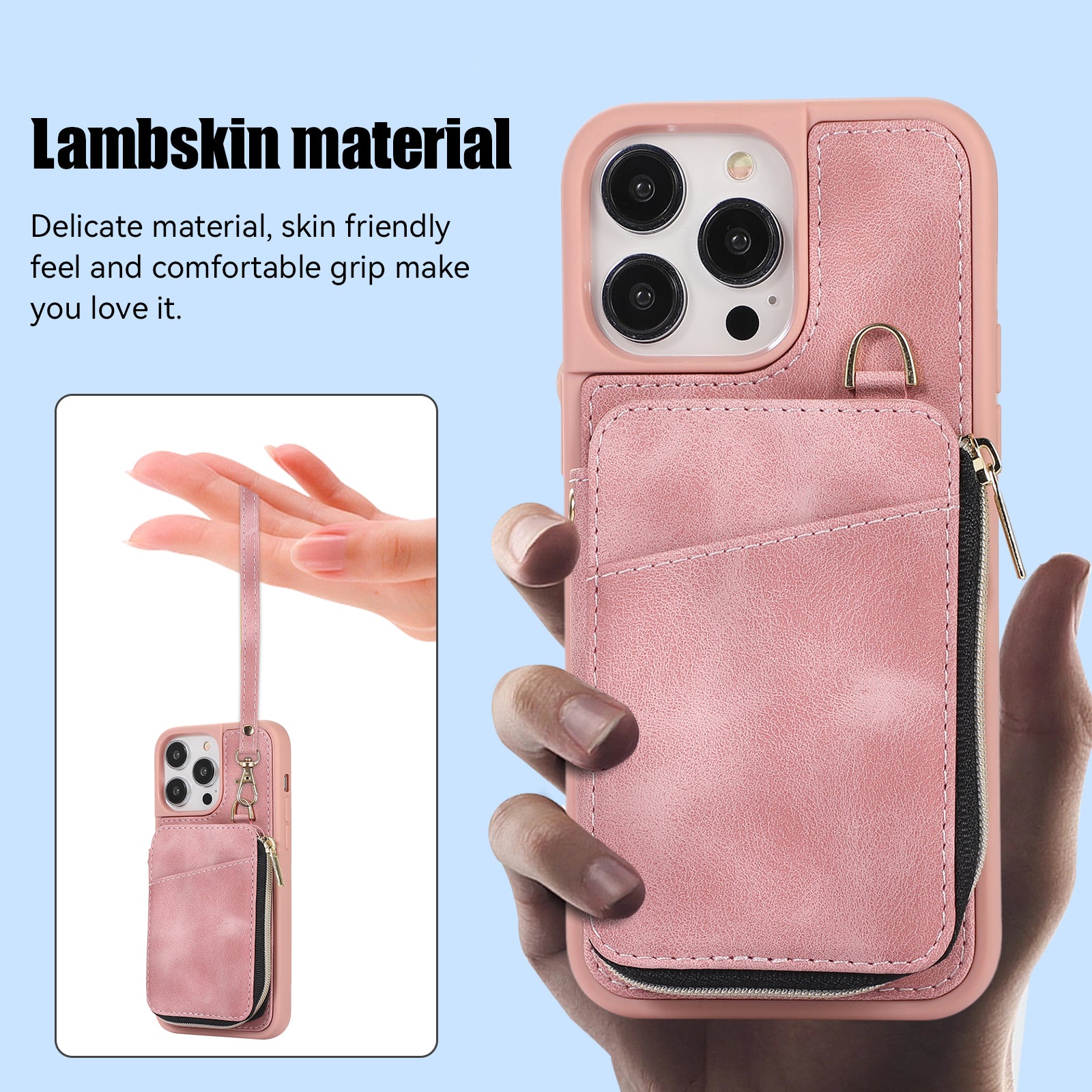 Zipper Wallet Phone Case for iPhone 15 Pro , PU Leather Coated TPU Kickstand Phone Cover - Pink