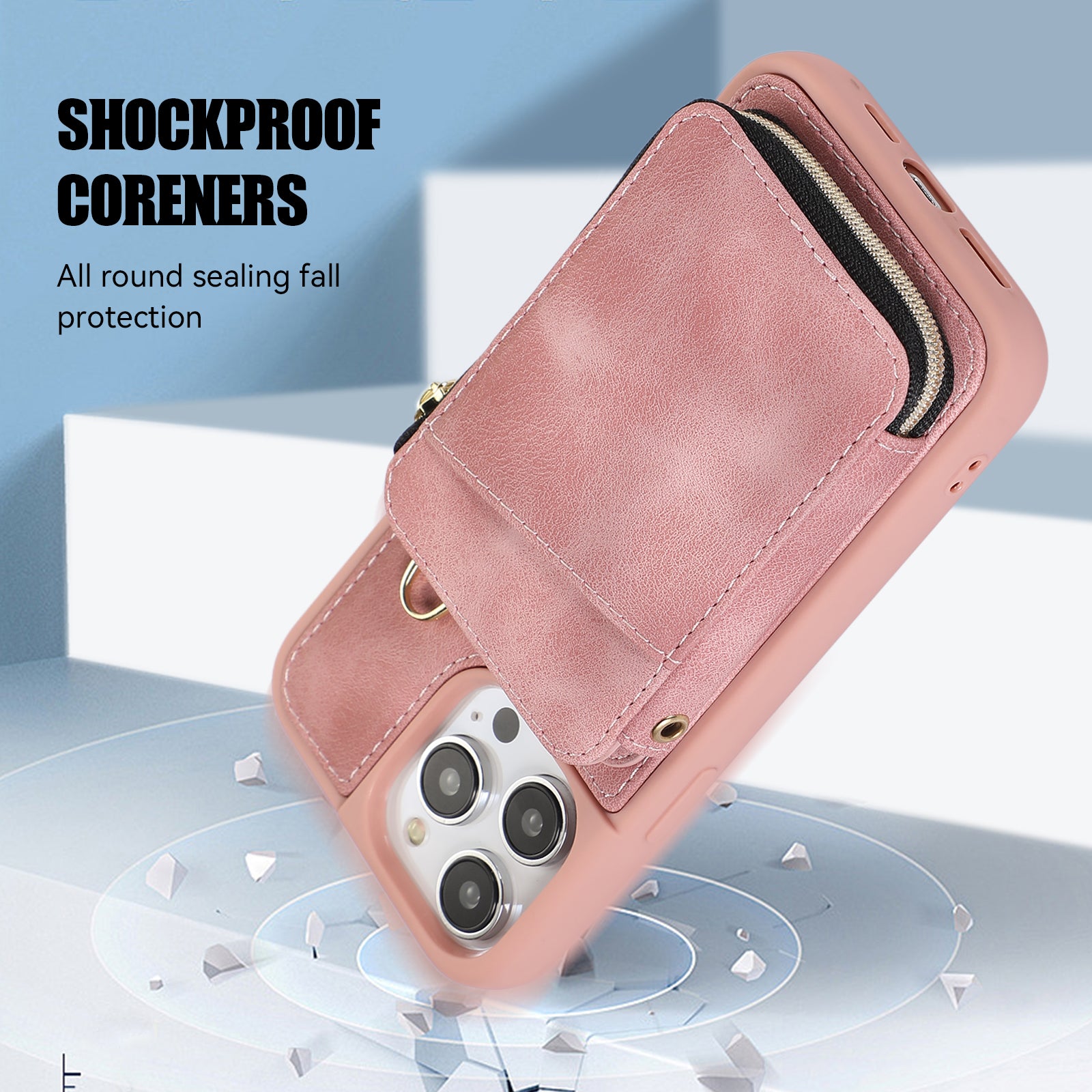 Zipper Wallet Phone Case for iPhone 15 Pro , PU Leather Coated TPU Kickstand Phone Cover - Pink