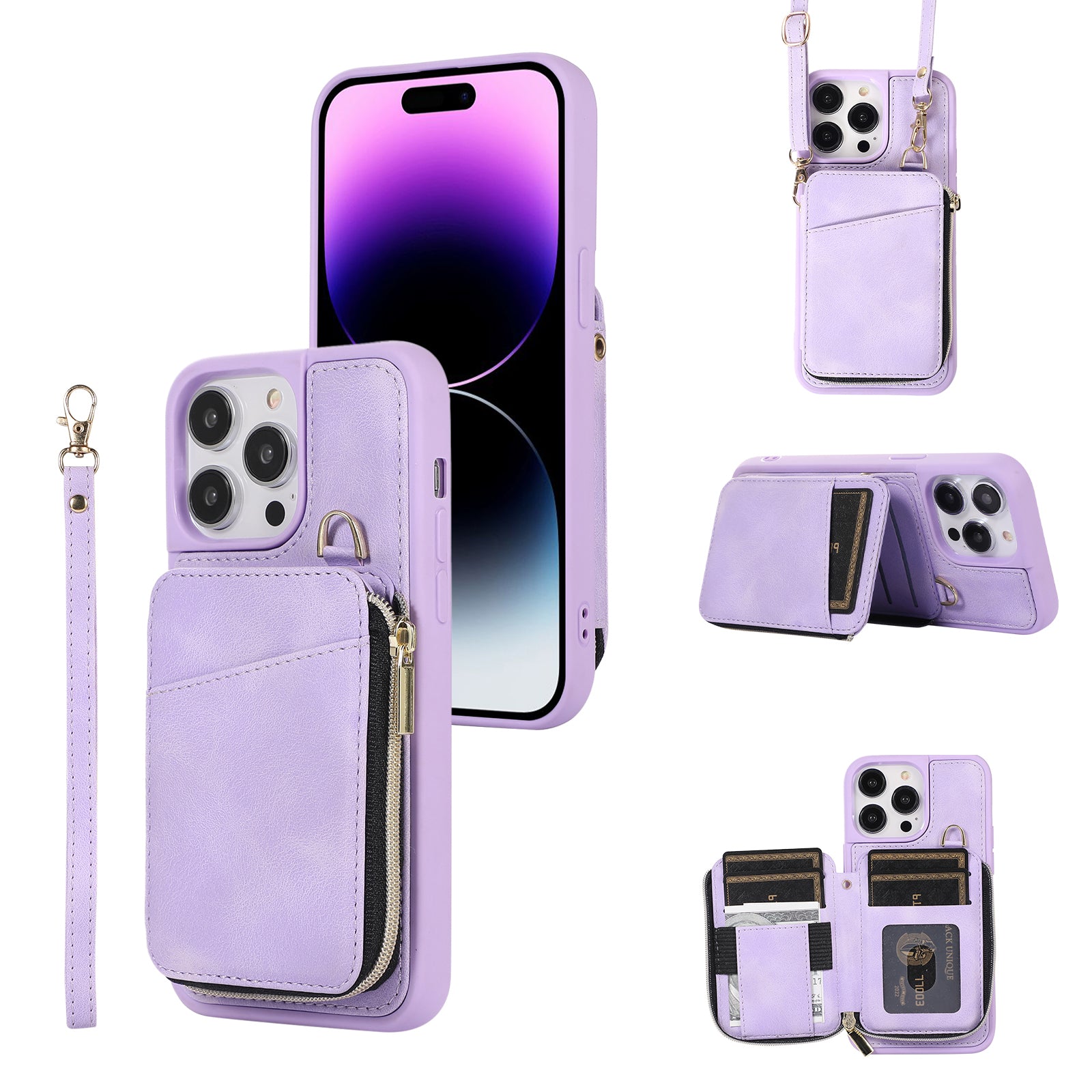 Zipper Wallet Phone Case for iPhone 15 Pro , PU Leather Coated TPU Kickstand Phone Cover - Purple