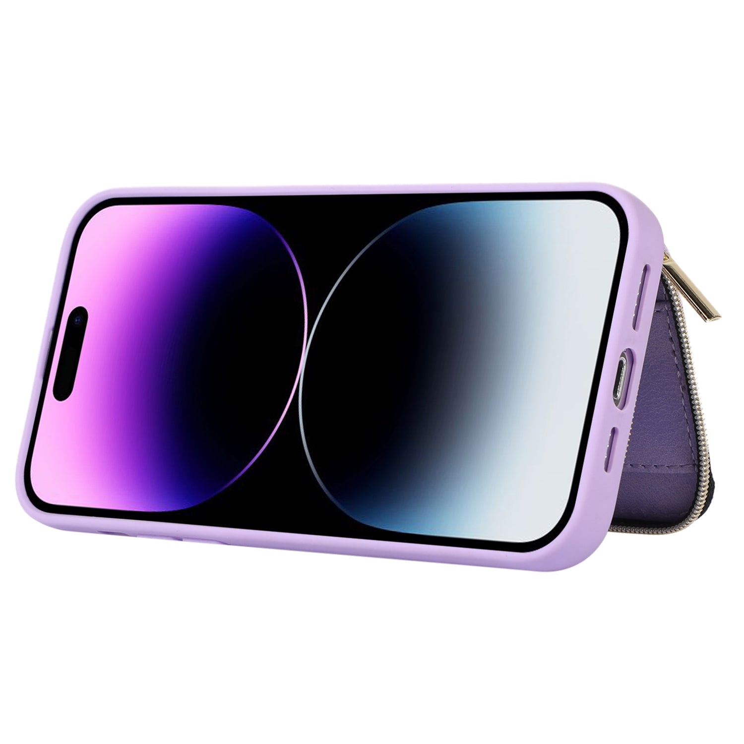 Zipper Wallet Phone Case for iPhone 15 Pro , PU Leather Coated TPU Kickstand Phone Cover - Purple