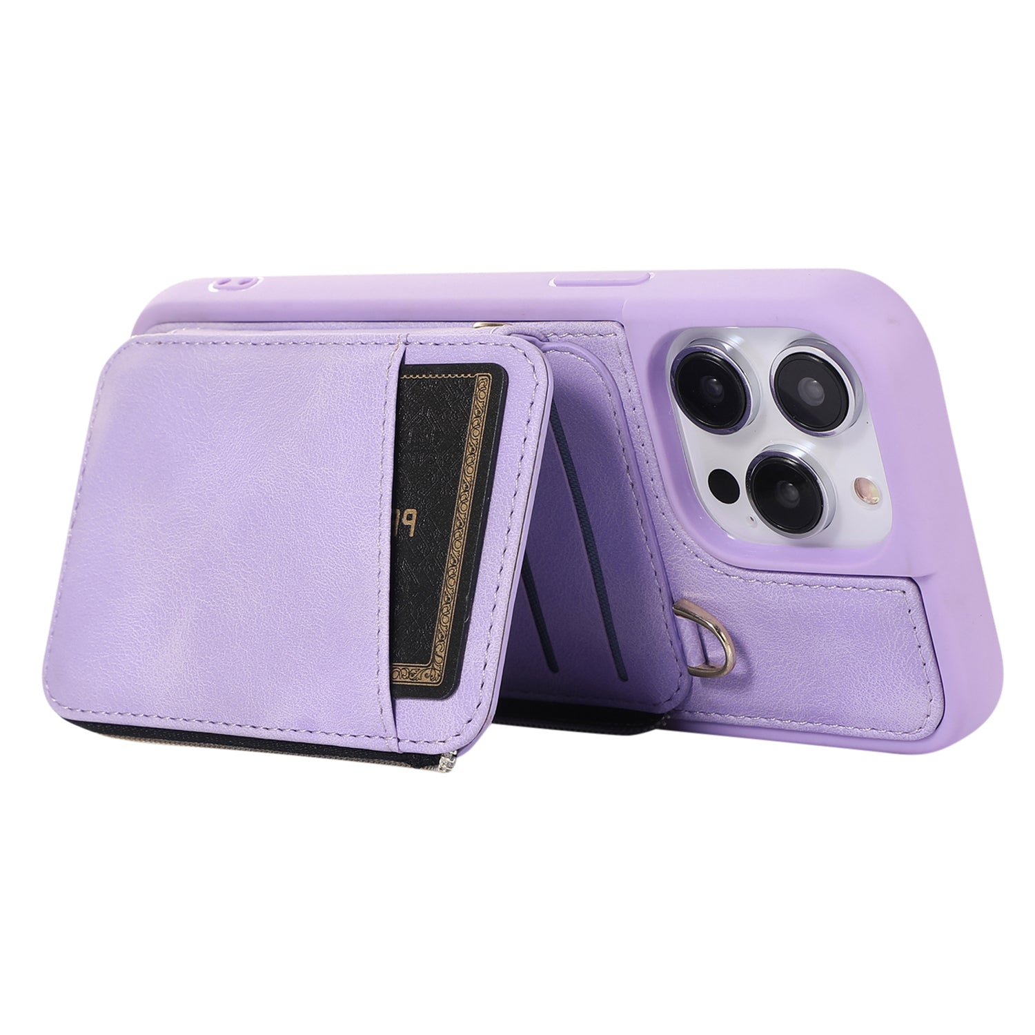Zipper Wallet Phone Case for iPhone 15 Pro , PU Leather Coated TPU Kickstand Phone Cover - Purple