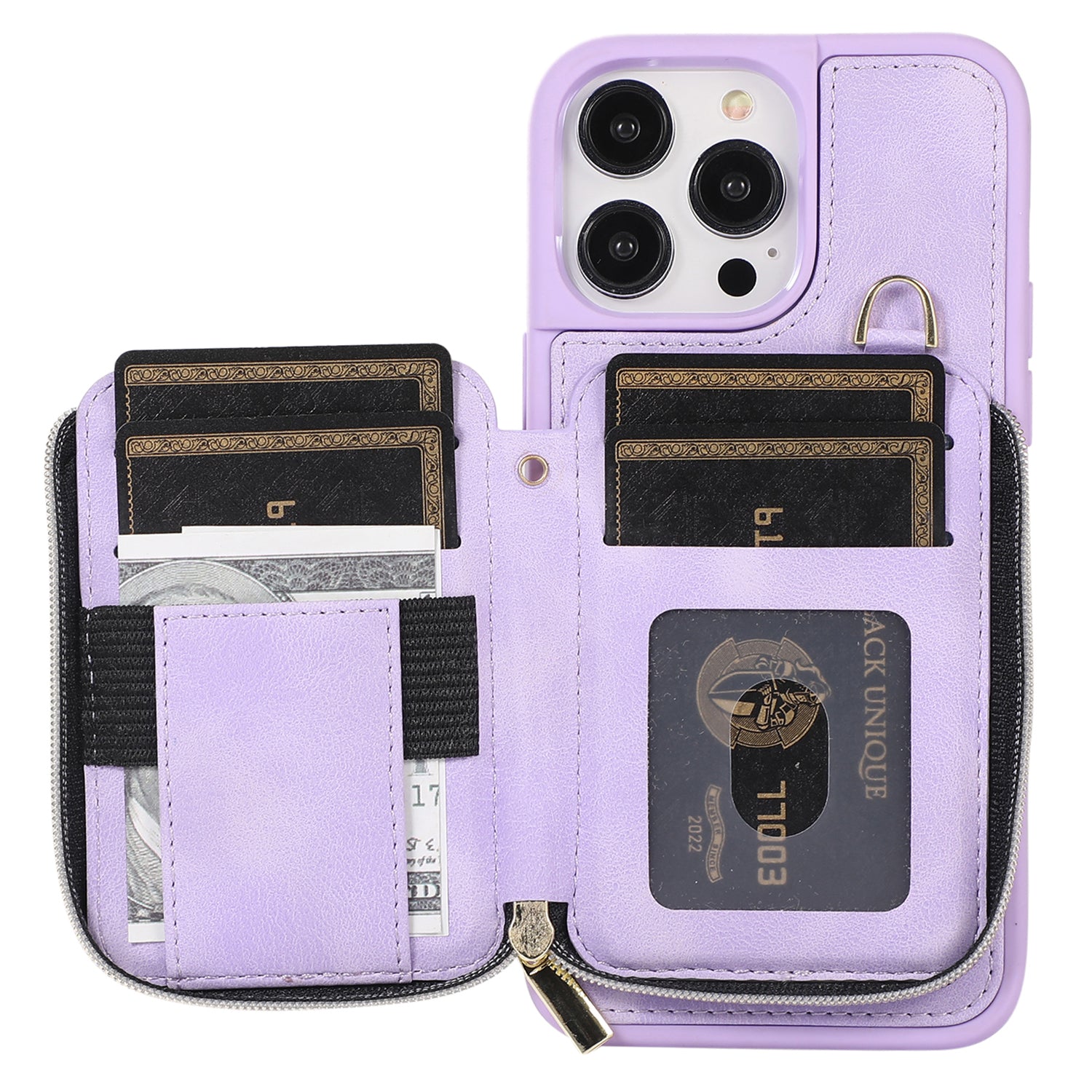 Zipper Wallet Phone Case for iPhone 15 Pro , PU Leather Coated TPU Kickstand Phone Cover - Purple