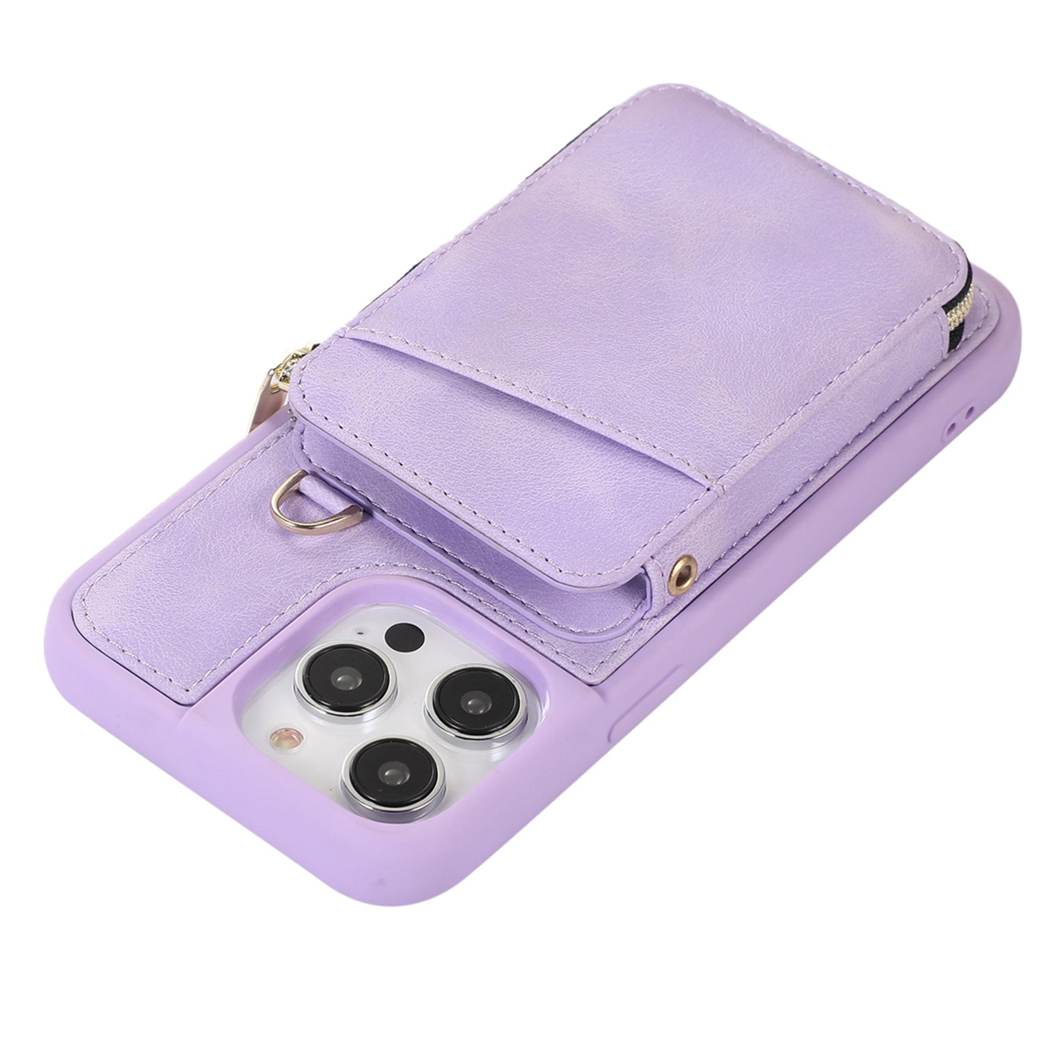 Zipper Wallet Phone Case for iPhone 15 Pro , PU Leather Coated TPU Kickstand Phone Cover - Purple