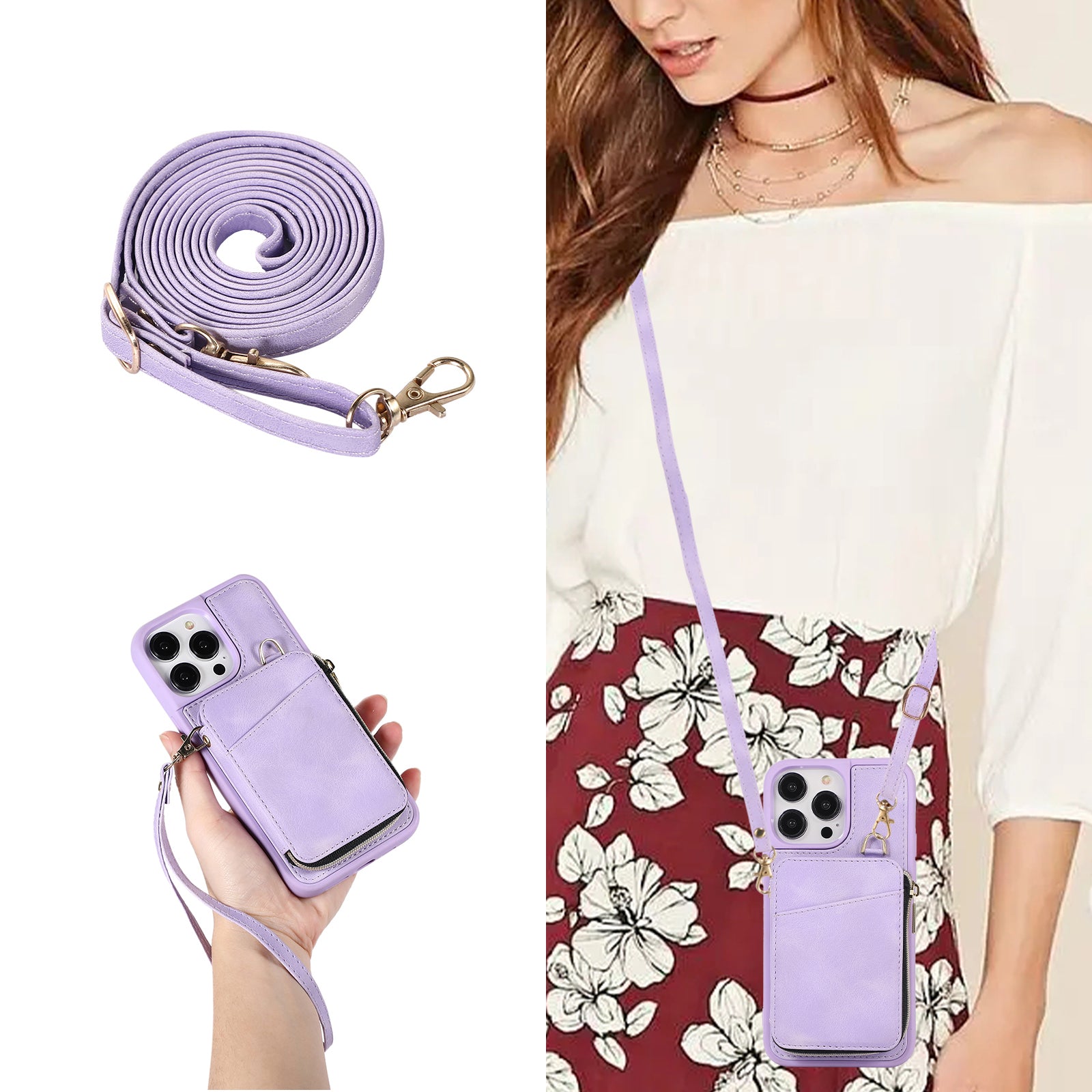 Zipper Wallet Phone Case for iPhone 15 Pro , PU Leather Coated TPU Kickstand Phone Cover - Purple