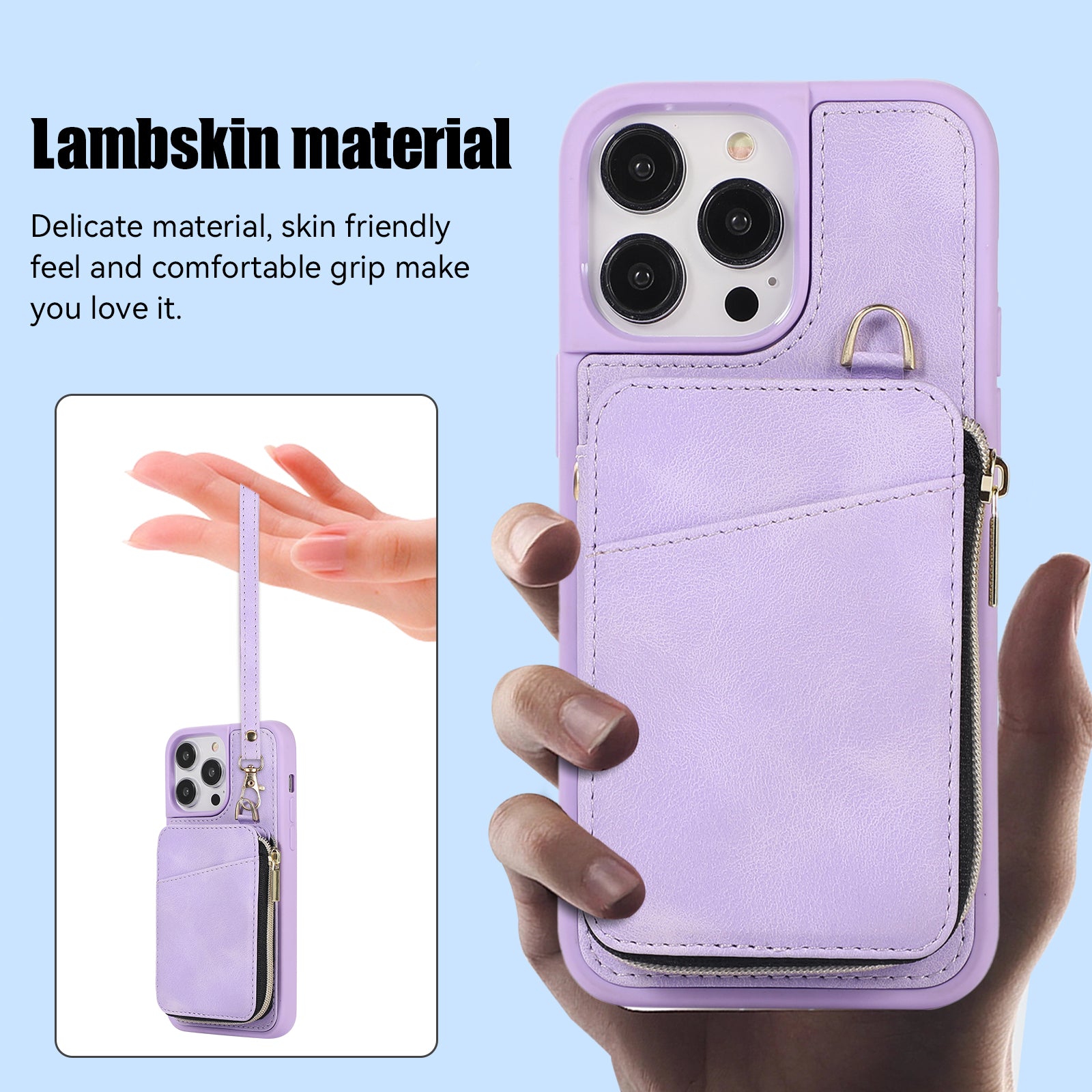 Zipper Wallet Phone Case for iPhone 15 Pro , PU Leather Coated TPU Kickstand Phone Cover - Purple