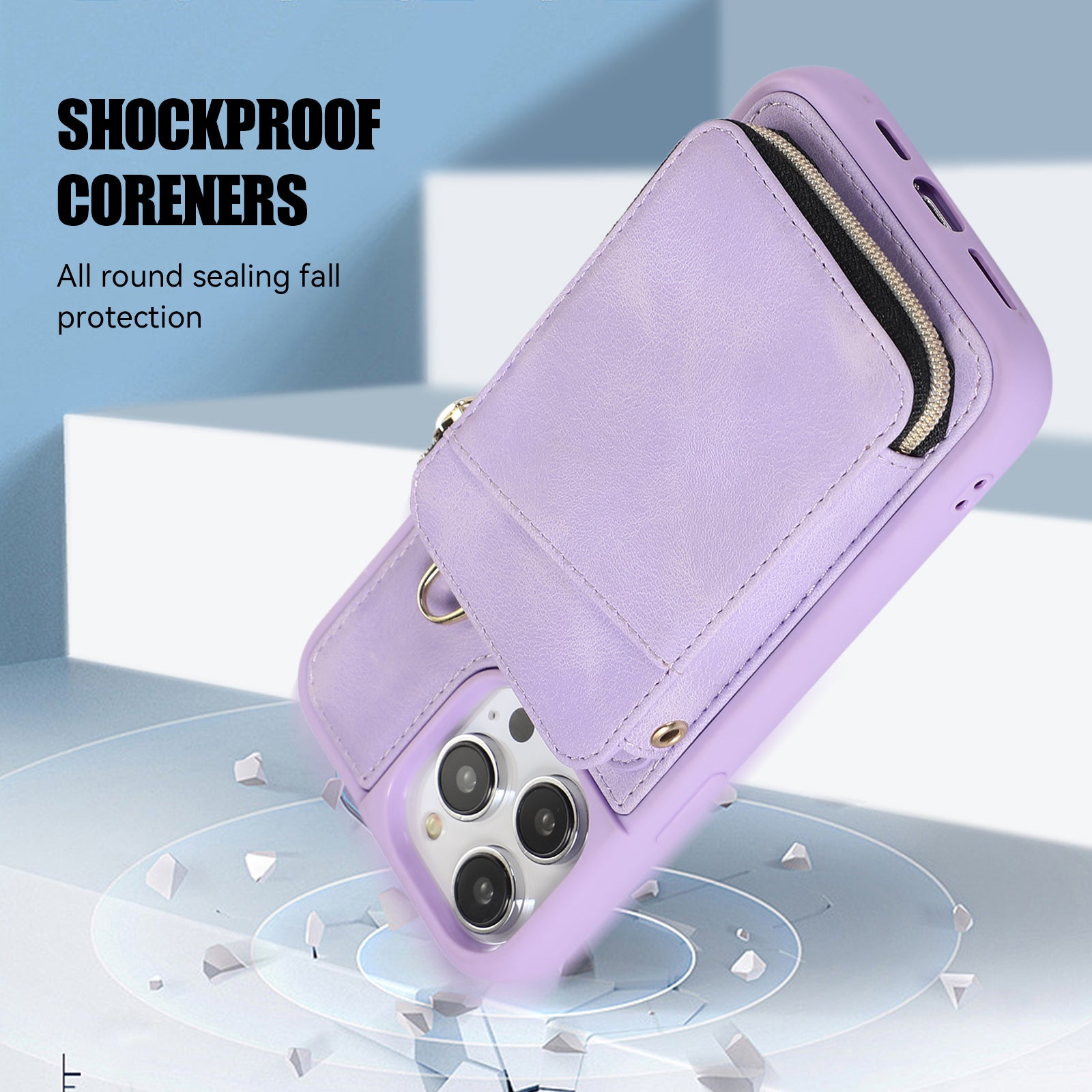 Zipper Wallet Phone Case for iPhone 15 Pro , PU Leather Coated TPU Kickstand Phone Cover - Purple