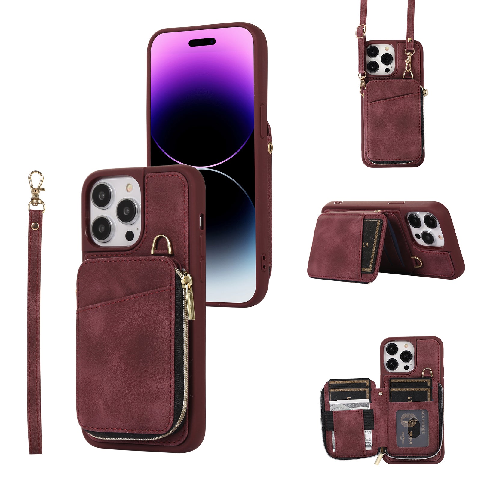 Zipper Wallet Phone Case for iPhone 15 Pro , PU Leather Coated TPU Kickstand Phone Cover - Wine Red