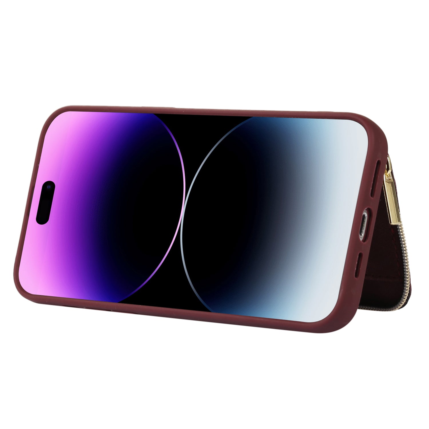 Zipper Wallet Phone Case for iPhone 15 Pro , PU Leather Coated TPU Kickstand Phone Cover - Wine Red