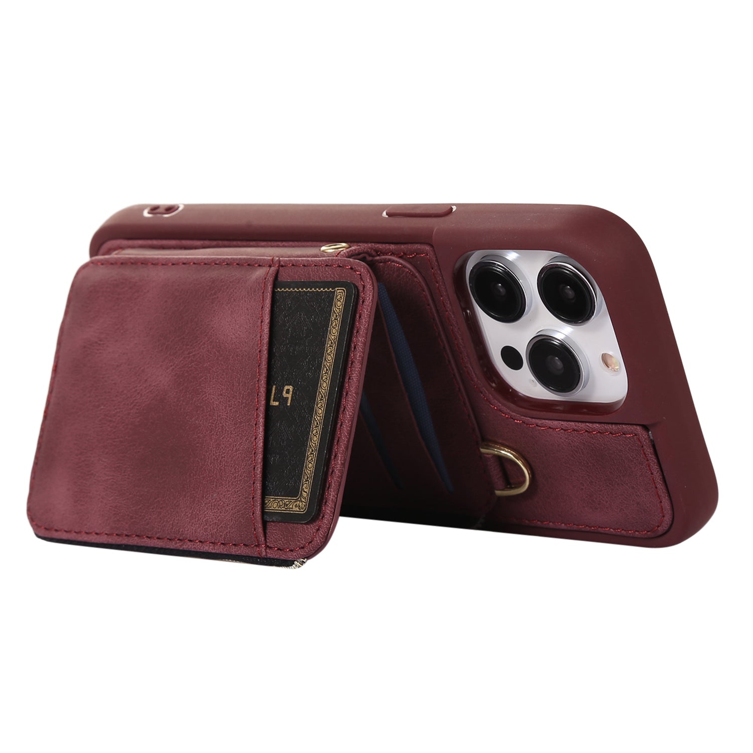 Zipper Wallet Phone Case for iPhone 15 Pro , PU Leather Coated TPU Kickstand Phone Cover - Wine Red