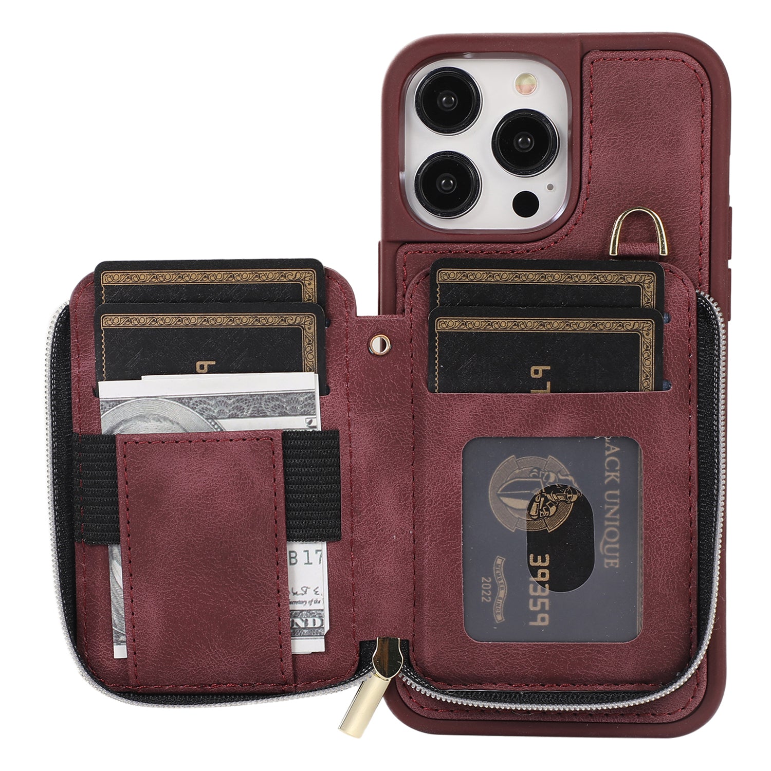Zipper Wallet Phone Case for iPhone 15 Pro , PU Leather Coated TPU Kickstand Phone Cover - Wine Red