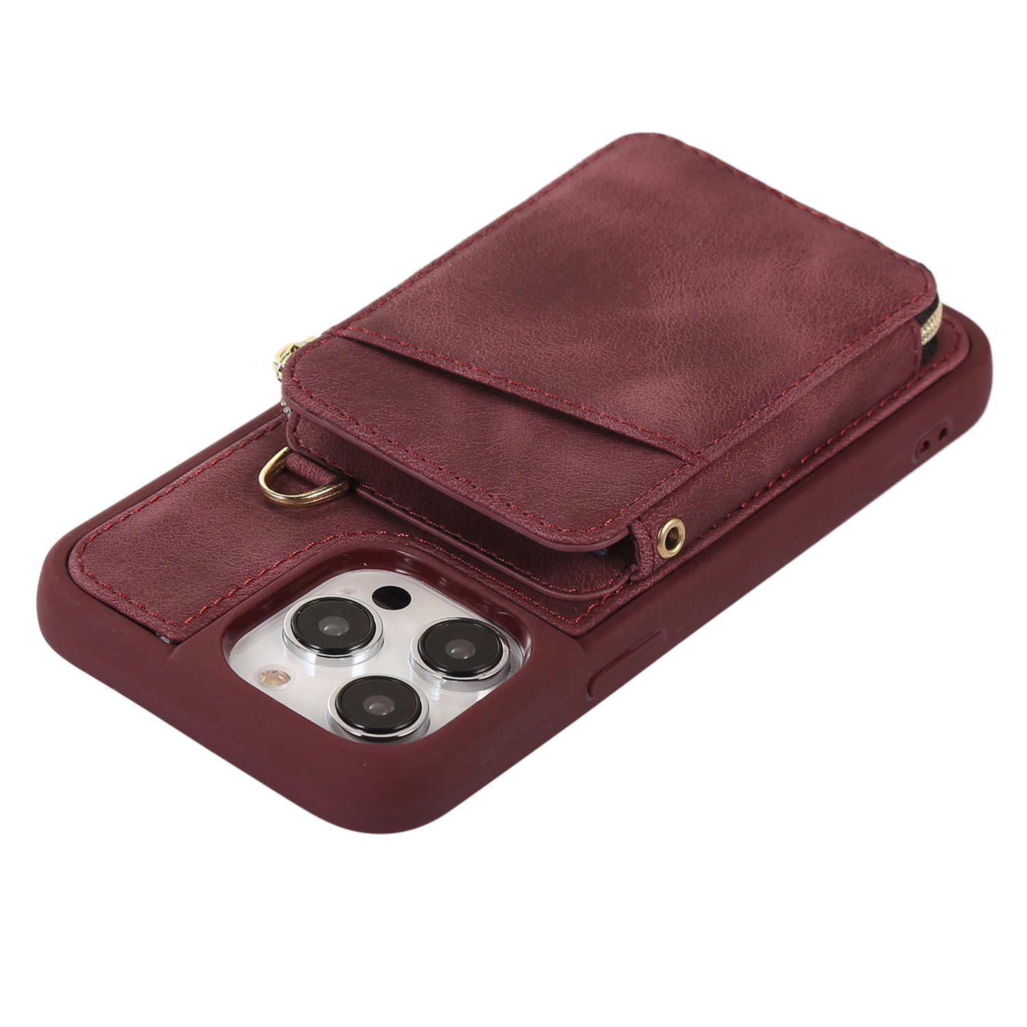 Zipper Wallet Phone Case for iPhone 15 Pro , PU Leather Coated TPU Kickstand Phone Cover - Wine Red
