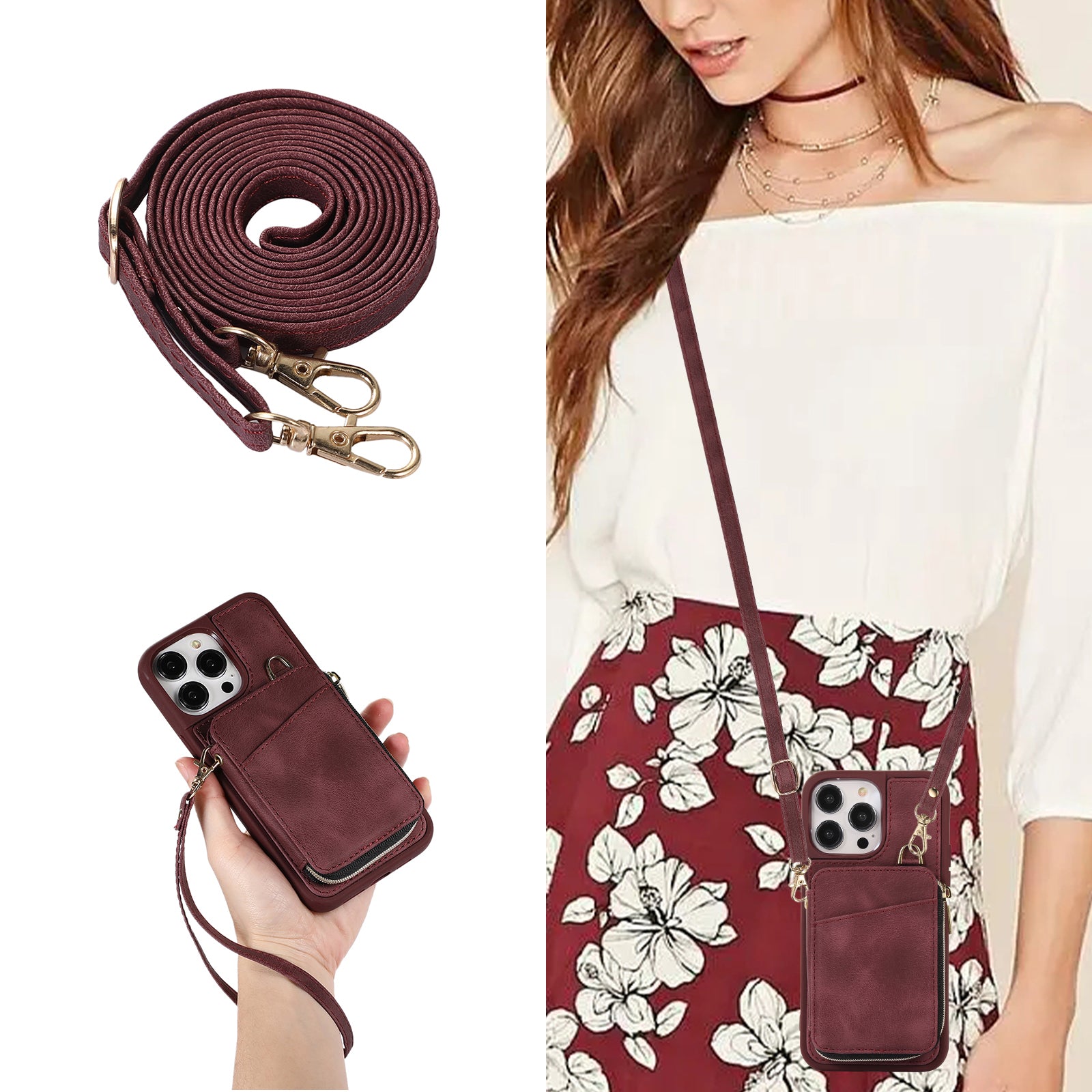Zipper Wallet Phone Case for iPhone 15 Pro , PU Leather Coated TPU Kickstand Phone Cover - Wine Red