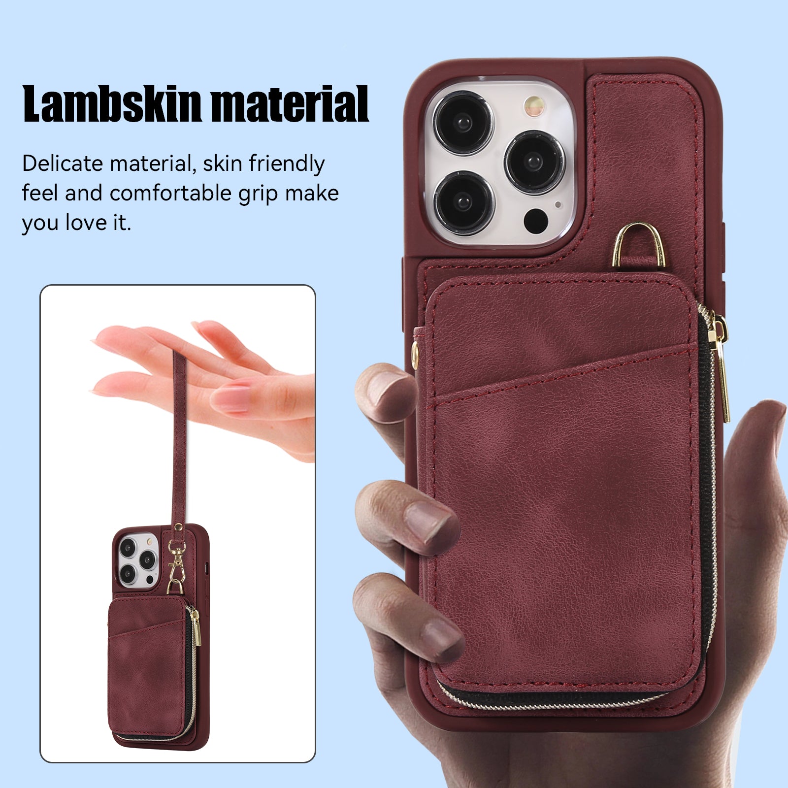 Zipper Wallet Phone Case for iPhone 15 Pro , PU Leather Coated TPU Kickstand Phone Cover - Wine Red