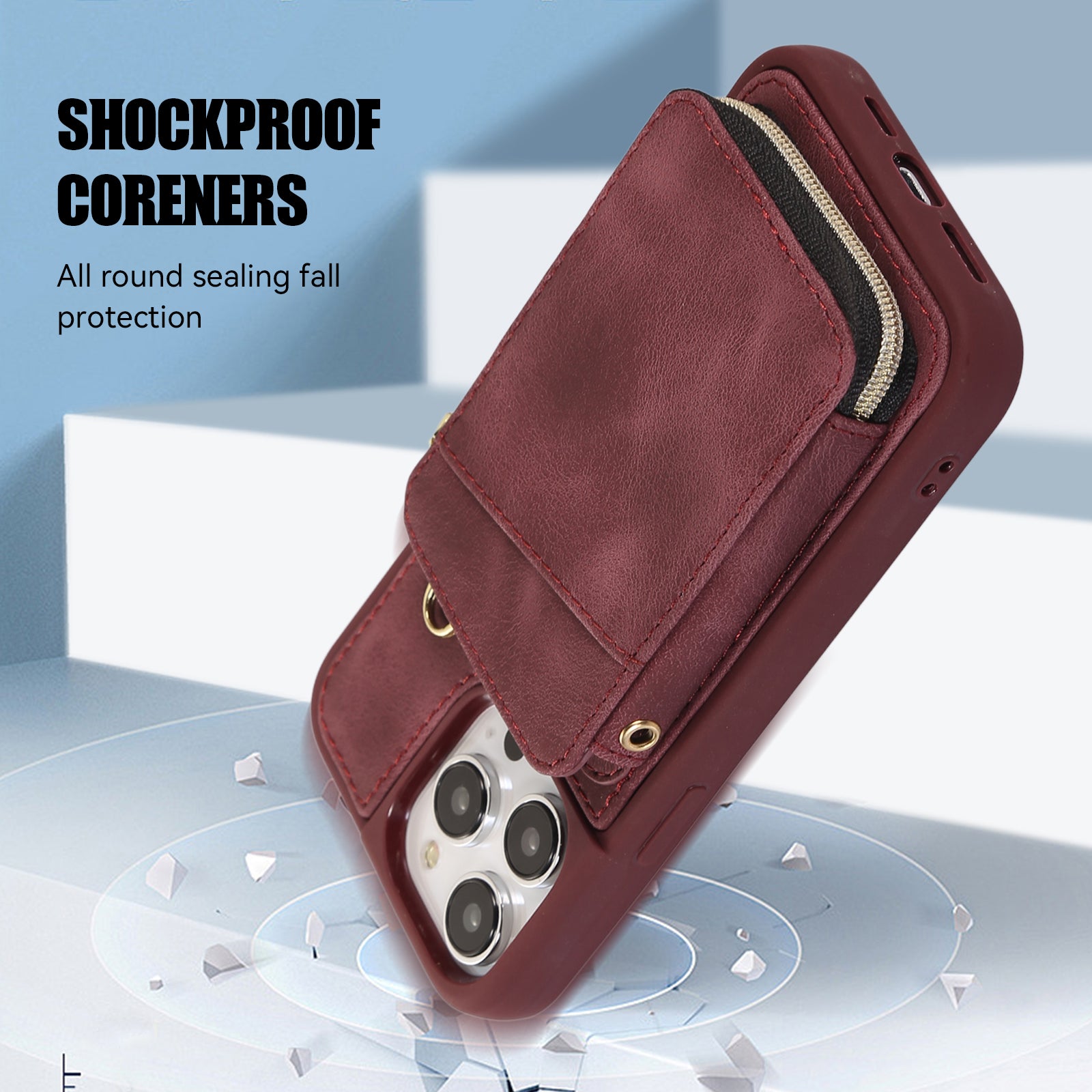 Zipper Wallet Phone Case for iPhone 15 Pro , PU Leather Coated TPU Kickstand Phone Cover - Wine Red