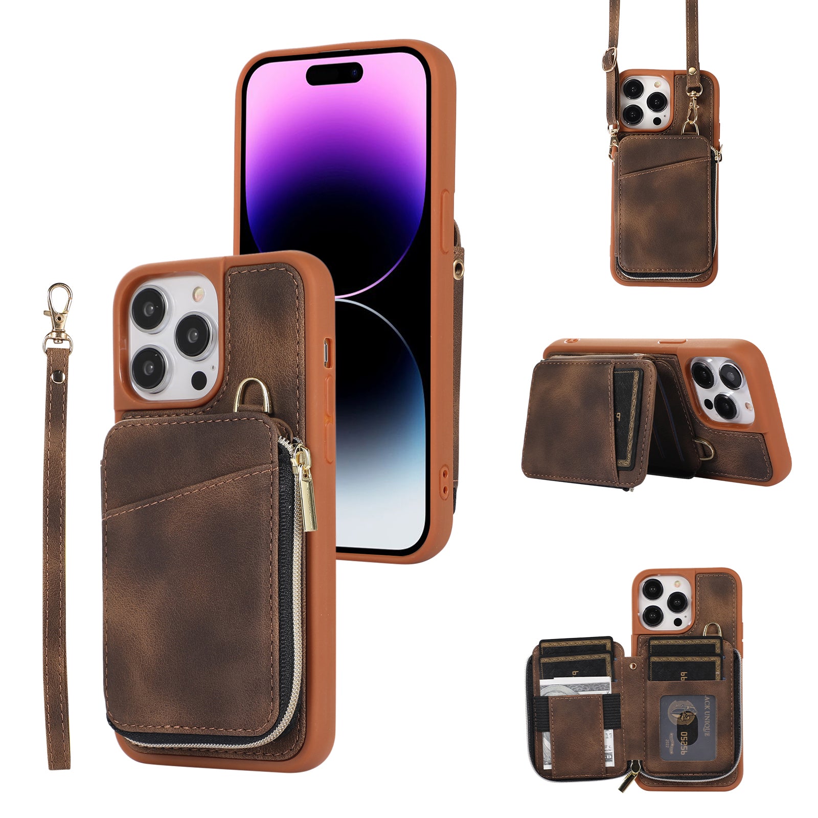 Zipper Wallet Phone Case for iPhone 15 Pro , PU Leather Coated TPU Kickstand Phone Cover - Brown