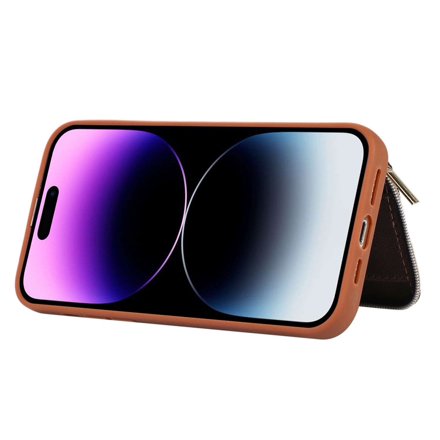 Zipper Wallet Phone Case for iPhone 15 Pro , PU Leather Coated TPU Kickstand Phone Cover - Brown