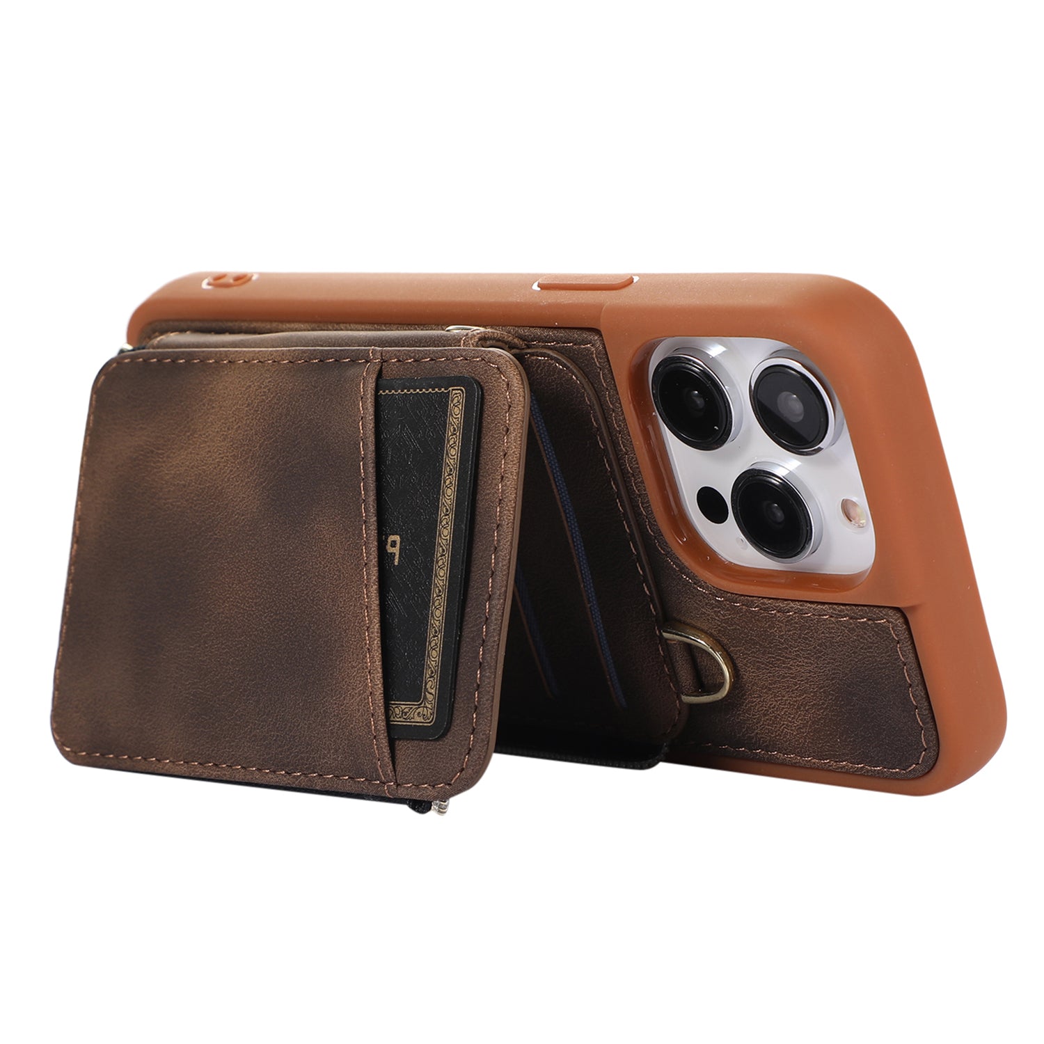 Zipper Wallet Phone Case for iPhone 15 Pro , PU Leather Coated TPU Kickstand Phone Cover - Brown