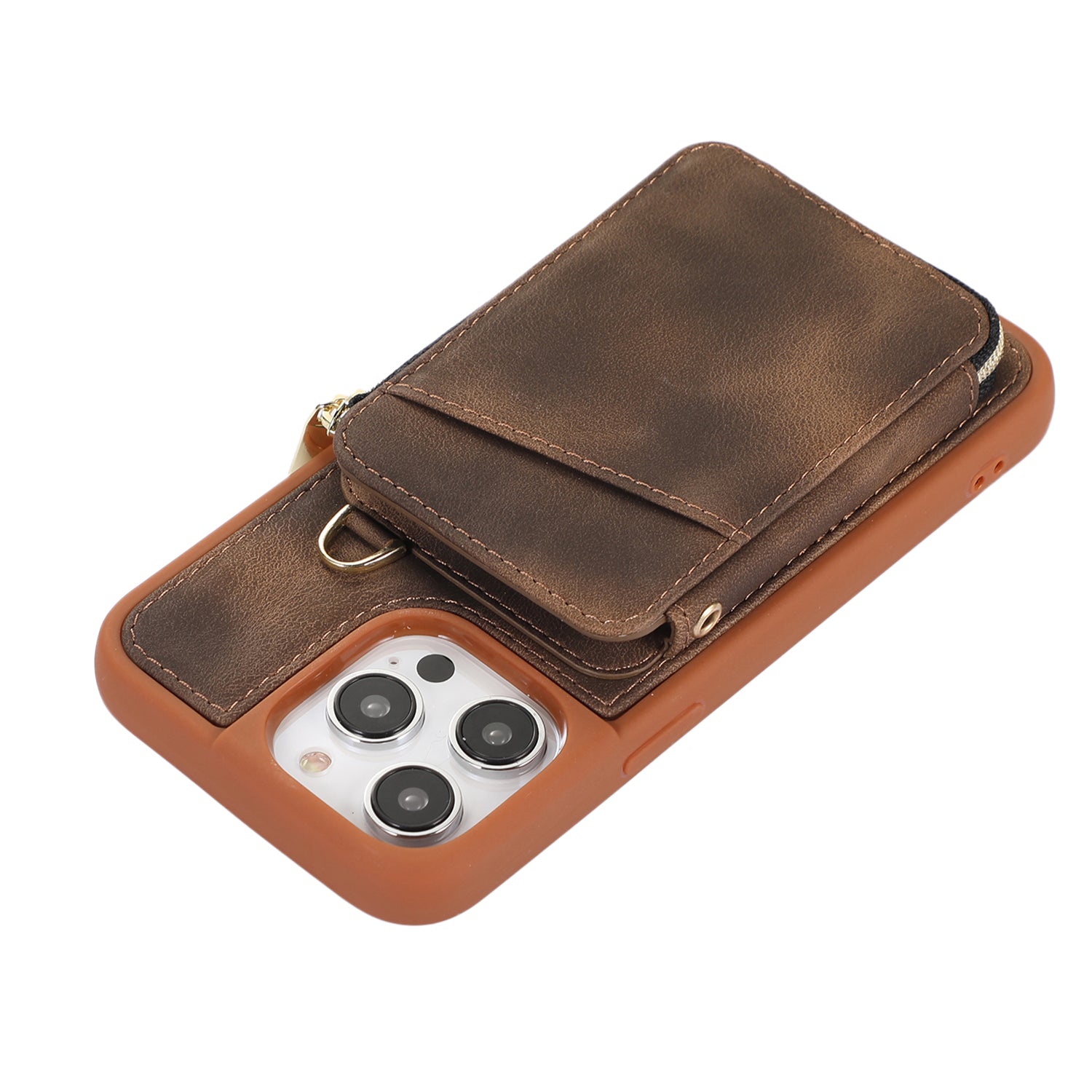 Zipper Wallet Phone Case for iPhone 15 Pro , PU Leather Coated TPU Kickstand Phone Cover - Brown