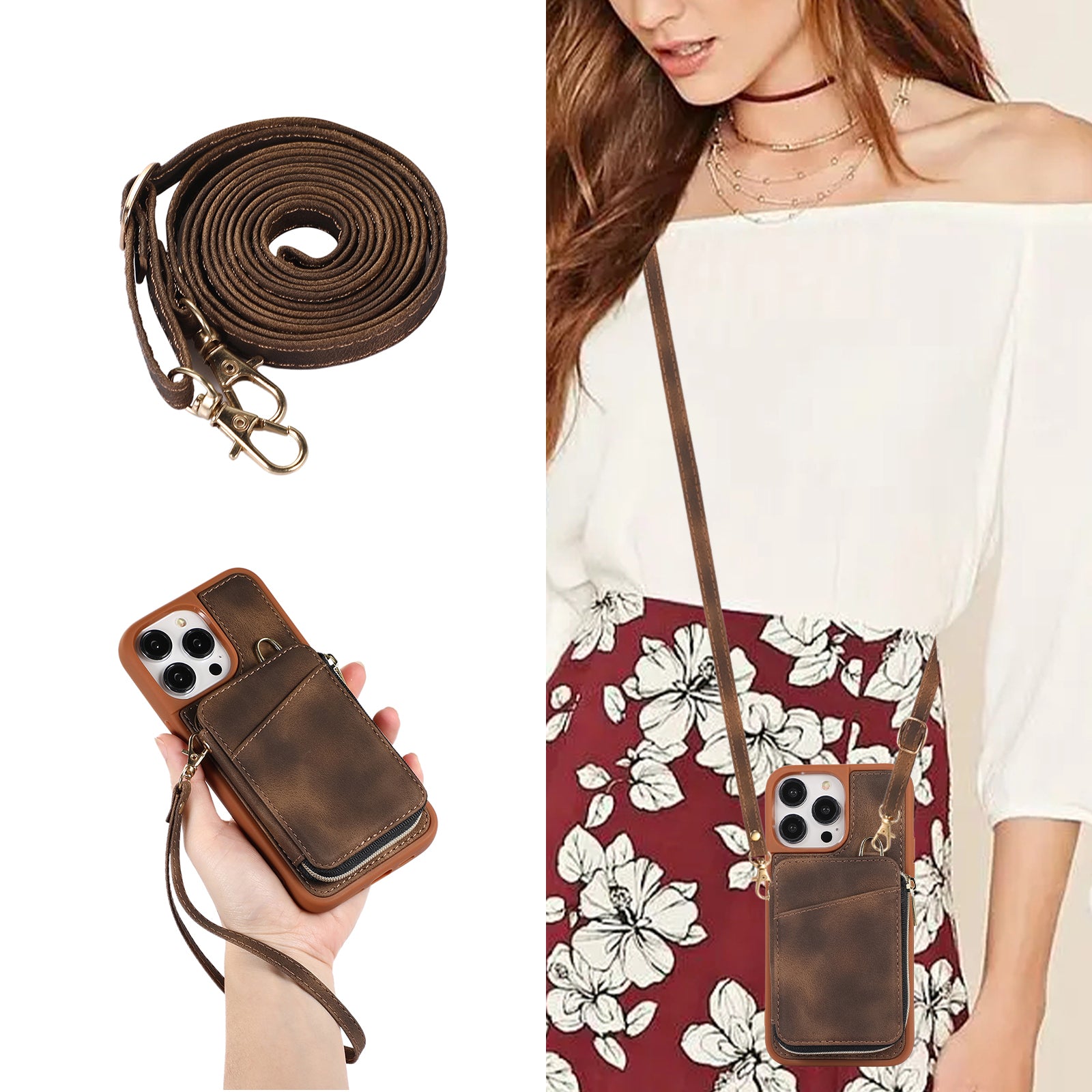 Zipper Wallet Phone Case for iPhone 15 Pro , PU Leather Coated TPU Kickstand Phone Cover - Brown