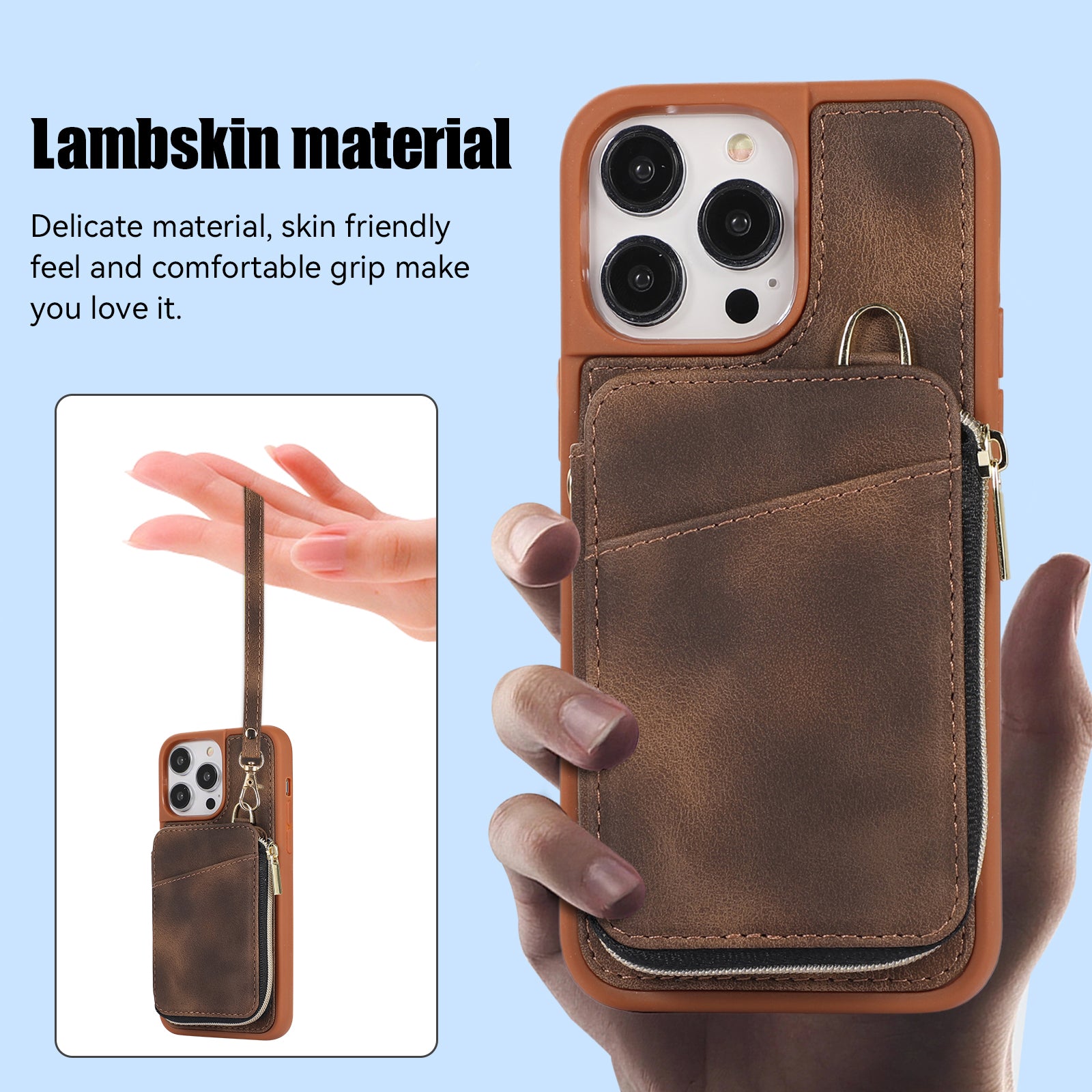 Zipper Wallet Phone Case for iPhone 15 Pro , PU Leather Coated TPU Kickstand Phone Cover - Brown