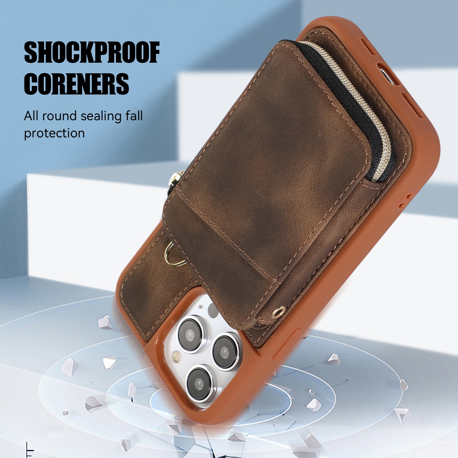 Zipper Wallet Phone Case for iPhone 15 Pro , PU Leather Coated TPU Kickstand Phone Cover - Brown