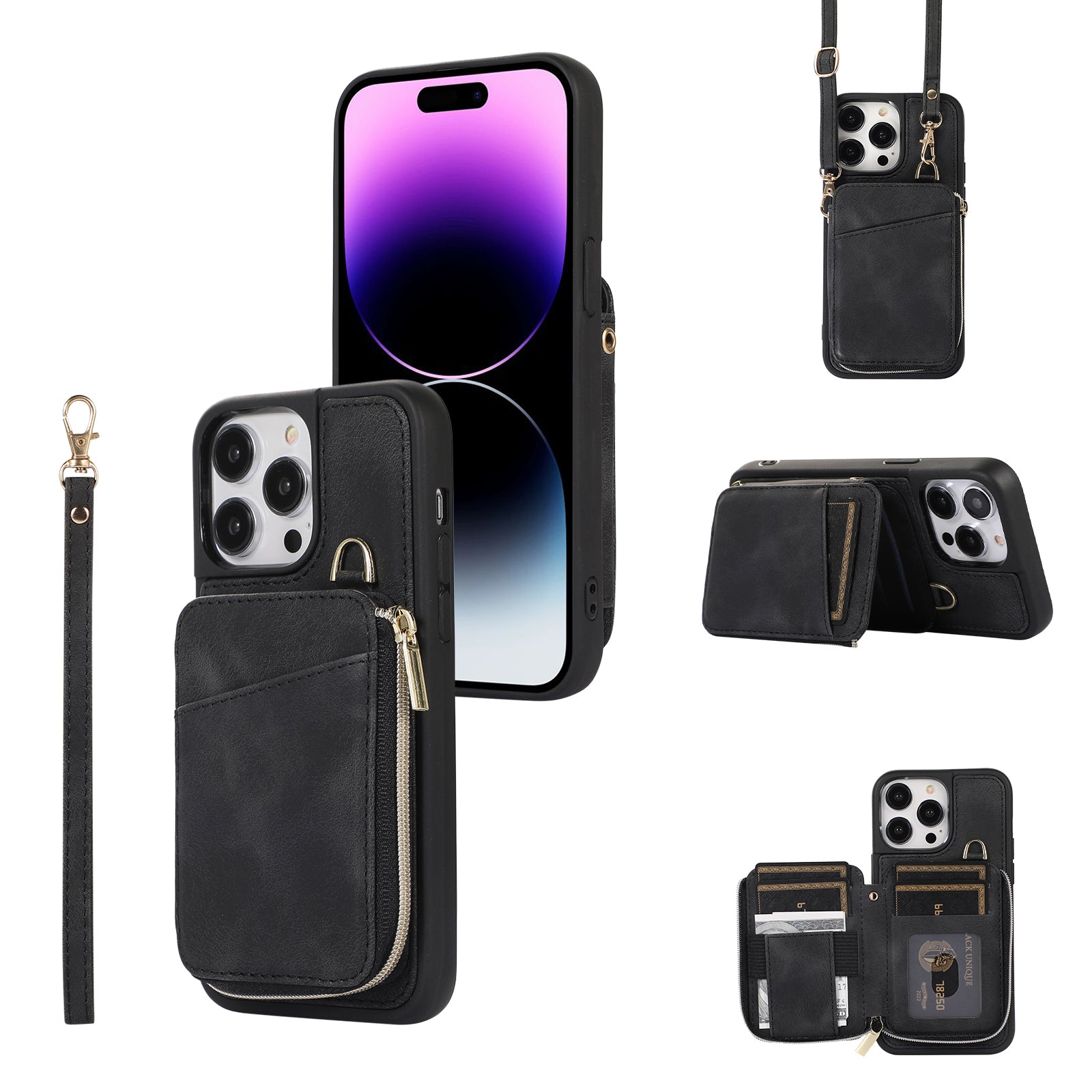 Zipper Wallet Phone Kickstand Cover for iPhone 15 , PU Leather Coated TPU Back Case - Black