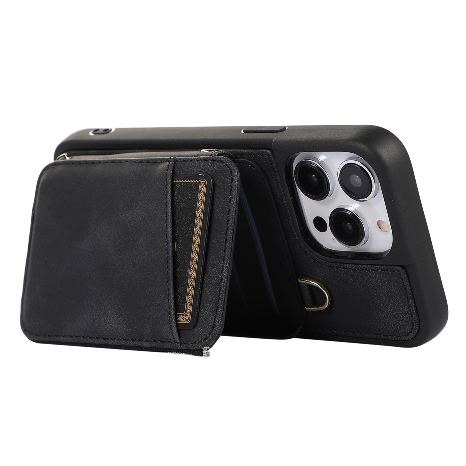 Zipper Wallet Phone Kickstand Cover for iPhone 15 , PU Leather Coated TPU Back Case - Black