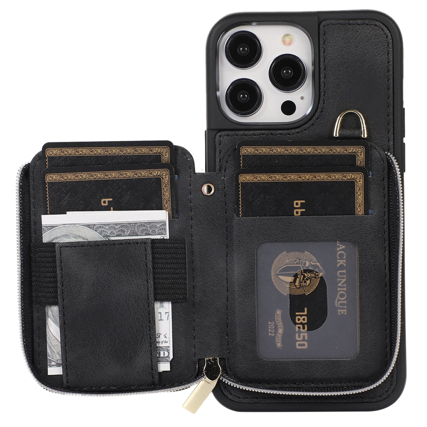 Zipper Wallet Phone Kickstand Cover for iPhone 15 , PU Leather Coated TPU Back Case - Black