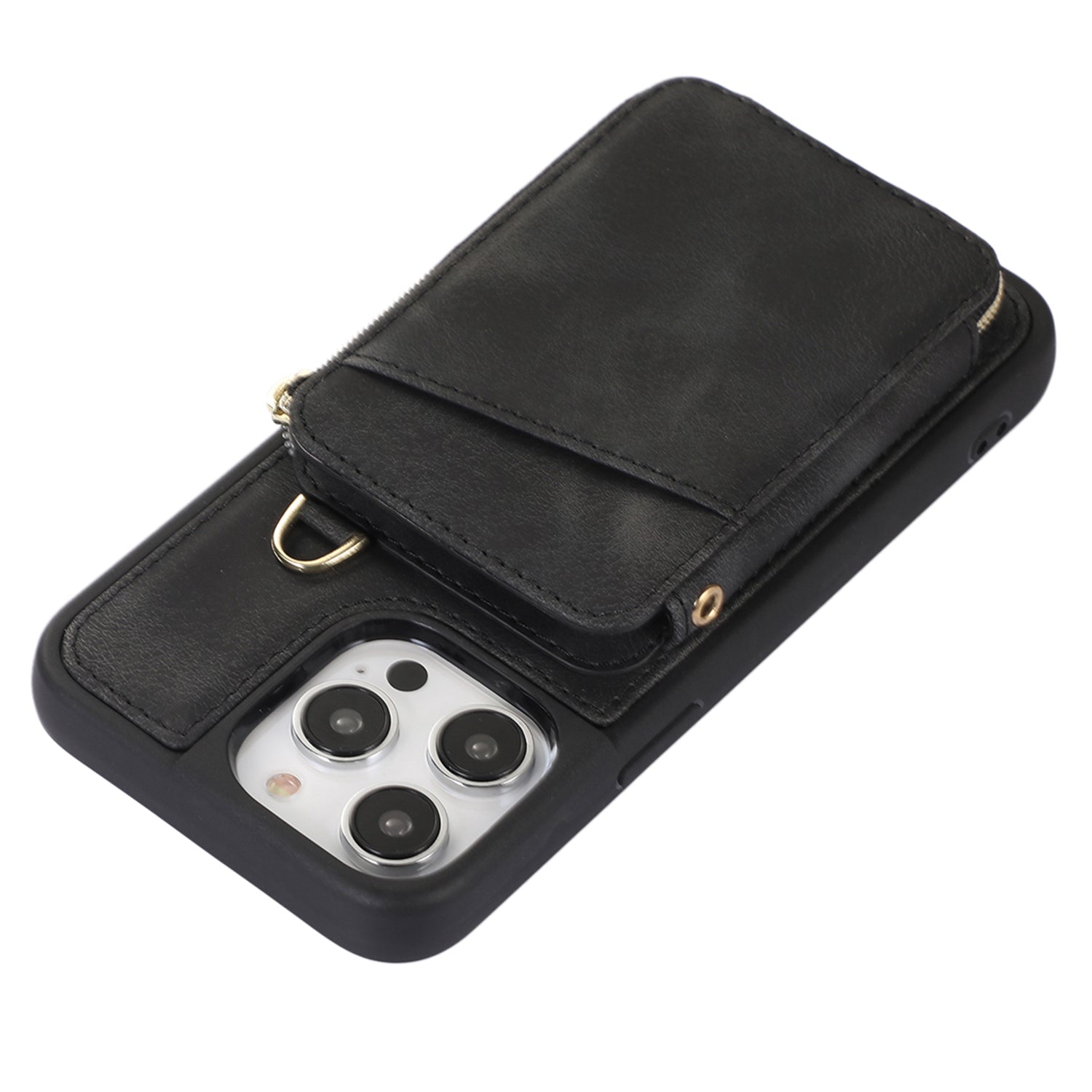 Zipper Wallet Phone Kickstand Cover for iPhone 15 , PU Leather Coated TPU Back Case - Black