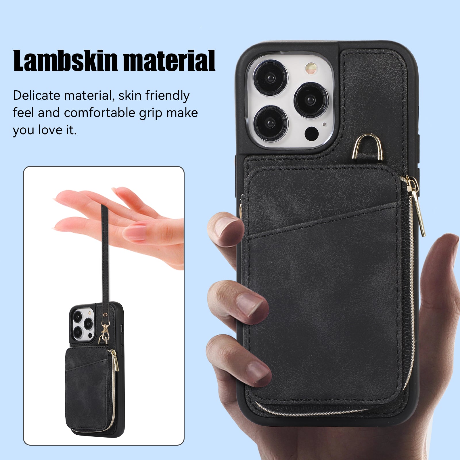 Zipper Wallet Phone Kickstand Cover for iPhone 15 , PU Leather Coated TPU Back Case - Black
