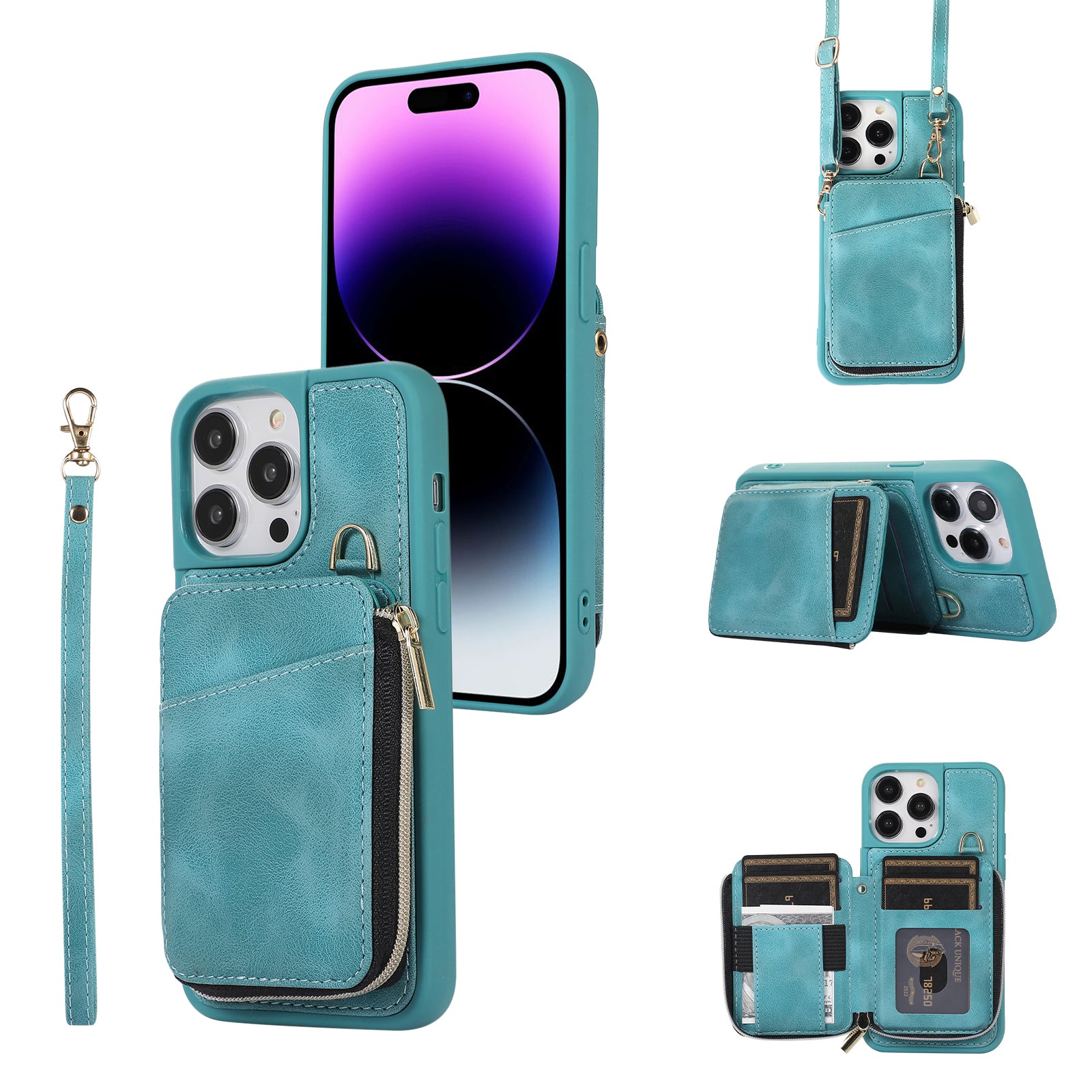 Zipper Wallet Phone Kickstand Cover for iPhone 15 , PU Leather Coated TPU Back Case - Green