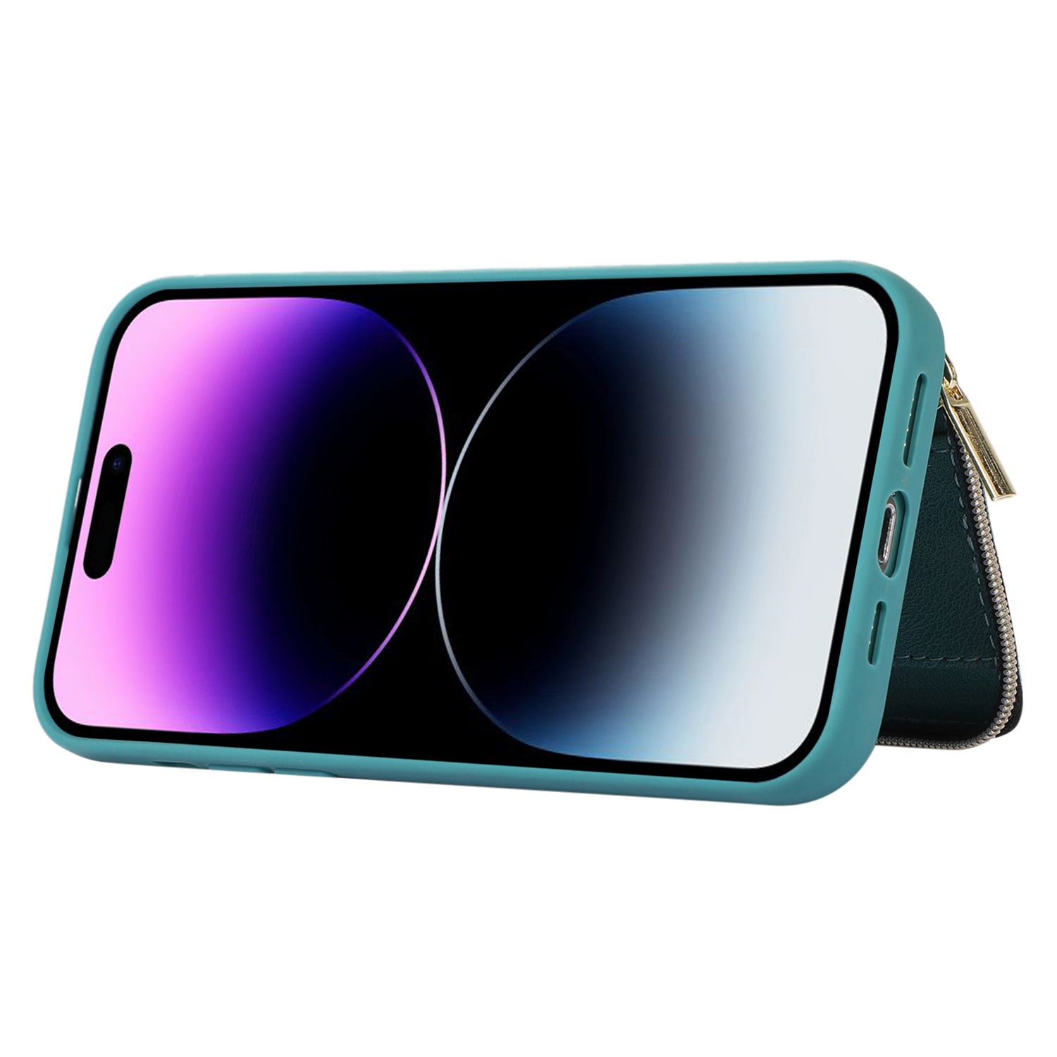 Zipper Wallet Phone Kickstand Cover for iPhone 15 , PU Leather Coated TPU Back Case - Green