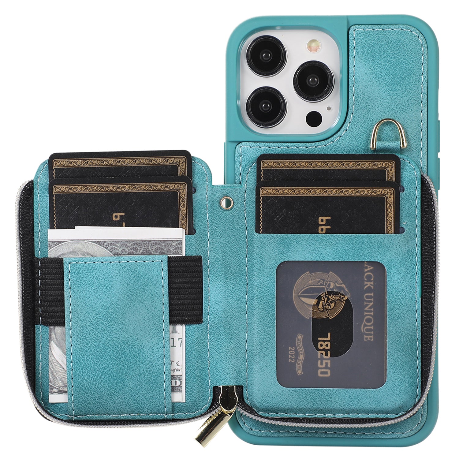 Zipper Wallet Phone Kickstand Cover for iPhone 15 , PU Leather Coated TPU Back Case - Green