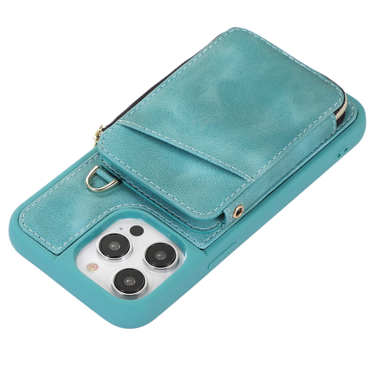 Zipper Wallet Phone Kickstand Cover for iPhone 15 , PU Leather Coated TPU Back Case - Green