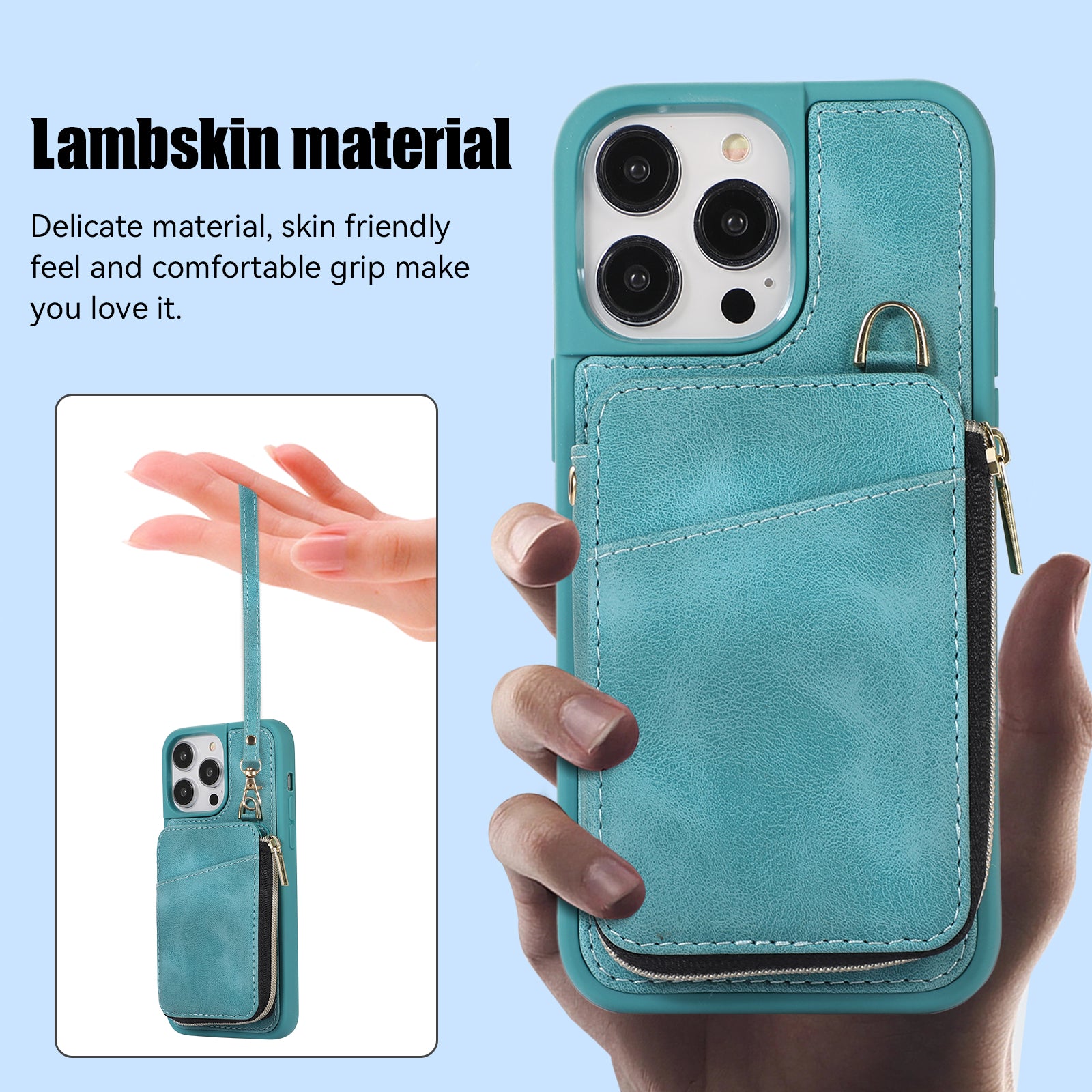 Zipper Wallet Phone Kickstand Cover for iPhone 15 , PU Leather Coated TPU Back Case - Green
