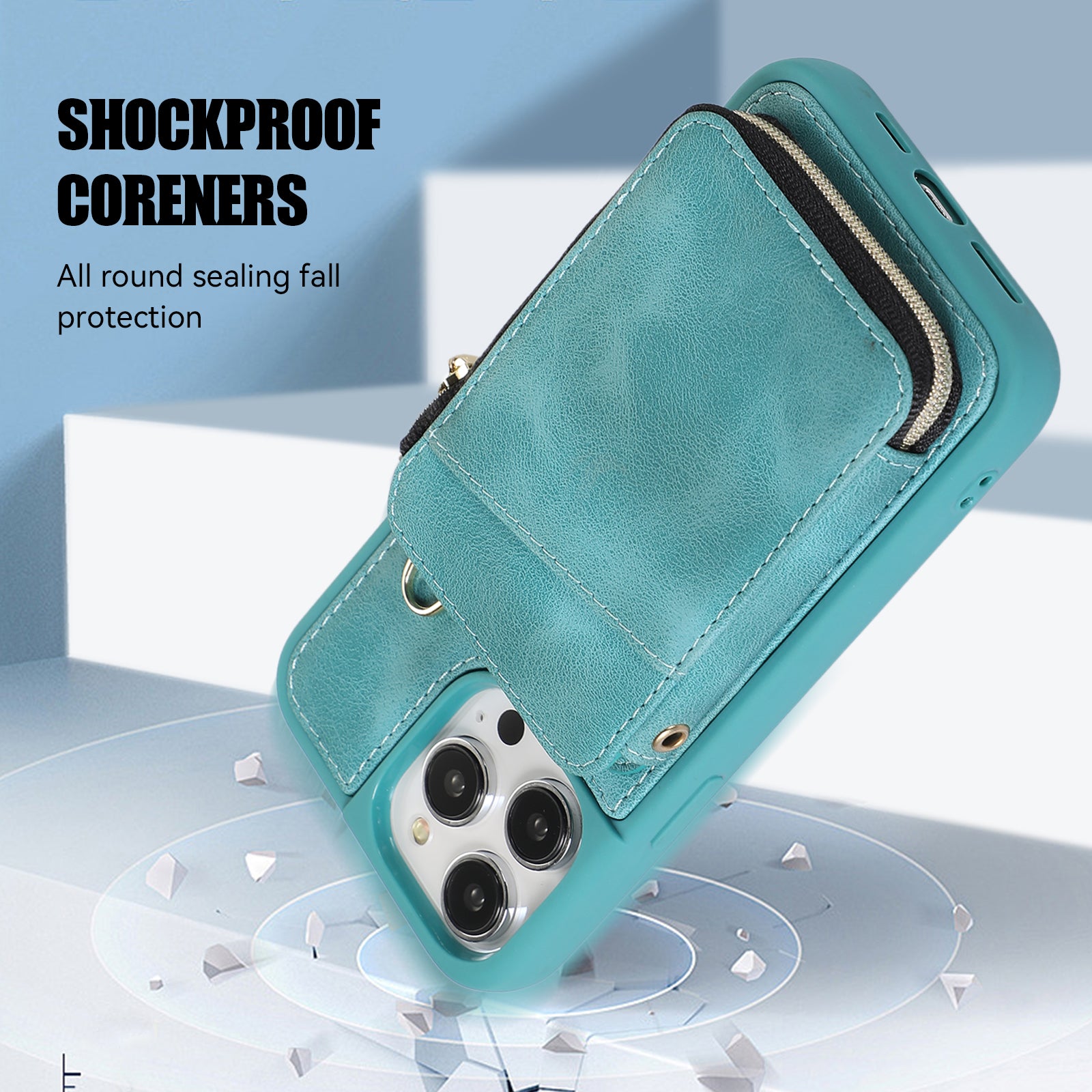Zipper Wallet Phone Kickstand Cover for iPhone 15 , PU Leather Coated TPU Back Case - Green