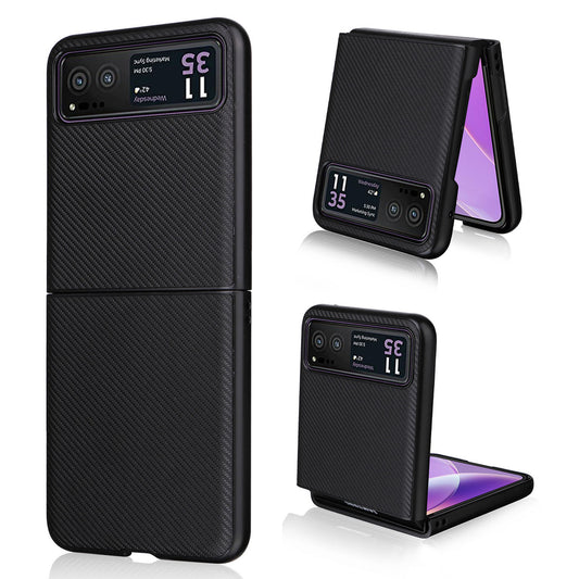 Uniqkart for Motorola Razr 40 5G PU Leather Coated PC Anti-Scratch Phone Case Carbon Fiber Texture Back Cover - Black