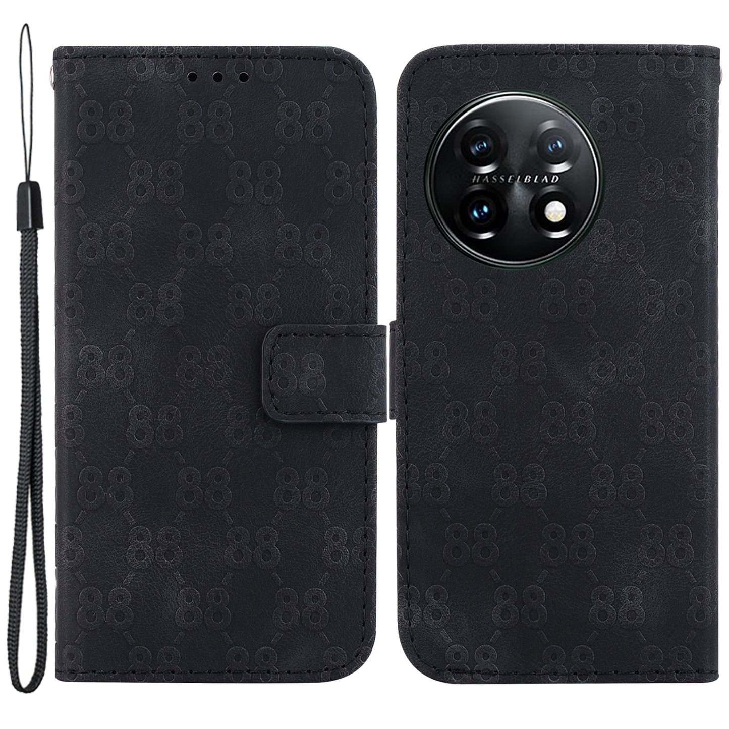 For OnePlus 11 5G Slim-Fit Leather Phone Shell Double 8-Shape Imprinted Cover Wallet Stand Case - Black