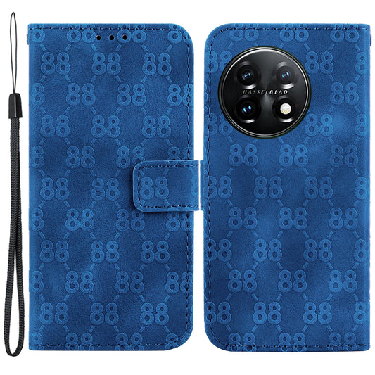 For OnePlus 11 5G Slim-Fit Leather Phone Shell Double 8-Shape Imprinted Cover Wallet Stand Case - Dark Blue