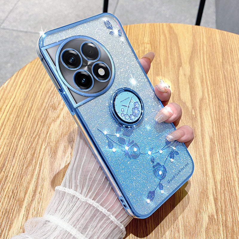 KADEM For OnePlus 11R 5G / Ace 2 5G Flower Pattern Drop-proof TPU Cover Ring Kickstand Glitter Phone Case - Blue
